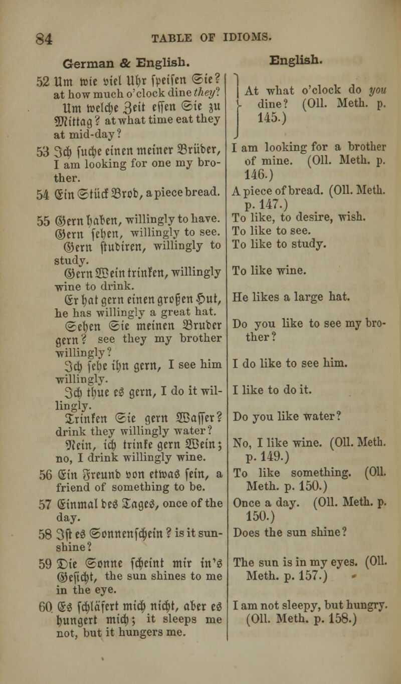 German & English. 52 Urn rote aiel ttbr fpeifen @te? at how much o'clock dine theyl Urn toelcbe 3cit elfen @ie ju 5ftittag? atwhat time eat they at mid-day ? 53 3d) fnebe cinen meiner SSritber, I am looking for one my bro- ther. 54 ©in ©tucfSrob, a piece bread. 55 ©em baben, willingly to have, ©em feben, willingly to see. ©em ftnbiren, willingly to study. ©cmSBeintrinfen, willingly wine to drink. Csr hat gem einett gro§en £ut, he has willingly a great hat. (geben @te meinen 23mber gem? see they my brother willingly? 3cb febe tbn gem, I see him willingly. 3d) tbue eS gem, I do it wil- lingly. Xrtnfen (Ste gem Staffer? drink they willingly water? 9fcin, id) trinfe gem SDetn; no, I drink willingly wine. 56 Sin greunb son etroag fein, a friend of something to be. 57 Sinmal beg Sageg, once of the day. 58 3ft e3 ©onnenfebein ? is it sun- shine? 59 Die (Sonne febeint mir tn'S ©efid;t, the sun shines to me in the eye. 60 (S3 fcblafert mid) nicbt, aber ti bungert micb; it sleeps me not, but it hungers me. English. At what o'clock do you dine? (Oil. Meth. p. 145.) I am looking for a brother of mine. (Oil. Meth. p. 146.) Apiece of bread. (Oil. Meth. P-1^7.) , . . u To like, to desire, wish. To like to see. To like to study. To like wine. He likes a large hat. Do you like to see my bro- ther? I do like to see him. I like to do it. Do you like water? No, I like wine. (Oil. Meth. p. 149.) To like something. (Oil. Meth. p. 150.) Once a day. (Oil. Meth. p. 150.) Does the sun shine? The sun is in my eyes. (Oil. Meth. p. 157.) I am not sleepy, but hungry. (Oil. Meth. p. 158.)
