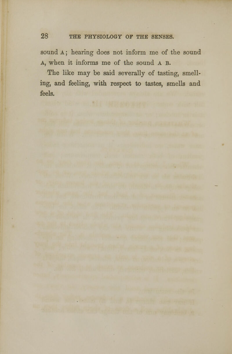 sound A; hearing does not inform me of the sound A, when it informs me of the sound A B. The like may be said severally of tasting, smell- ing, and feeling, with respect to tastes, smells and feels.