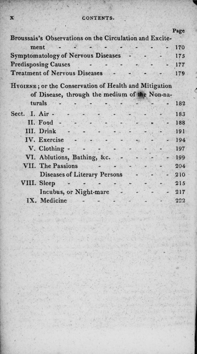 ' Page Broussais's Observations on the Circulation and Excite- ment - - - - - - - -170 Symptomatology of Nervous Diseases - - - 175 Predisposing Causes - - - - - - 177 Treatment of Nervous Diseases - - - - 179 Hygiene ; or the Conservation of Health and Mitigation of Disease, through the medium of the Non-na- turals - -182 Sect. I. Air 183 II. Food 188 III. Drink - - - - - - - 191 IV. Exercise 194 V. Clothing 197 VI. Ablutions, Bathing, &c. - - - - 199 VII. The Passions 204 Diseases of Literary Persons - - - 210 VIII. Sleep - - - - - - - 215 Incubus, or Night-mare - - - - 217 IX. Medicine - - - - - - 222