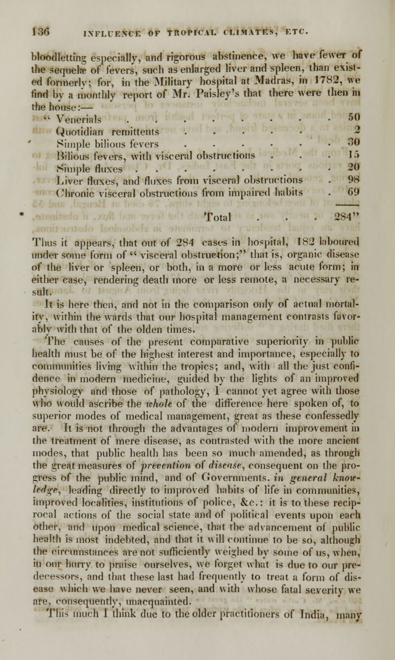 bloodletting especially, and rigorous abstinence, we bave fewer of the sequela- of fevers, such as enlarged liver and spleen, than exist- ed formerly; for, in the Military hospital at Madras, in 1782, we find by a monthly report of Mr. Paisley's that there were then in the house:—  Venerials 50 Quotidian remittents ..... 2 Simple bilious fevers . • • • • .00 liilious fevers, with visceral obstructions . . . 1> Simple fluxes ........ 20 Liver fluxes, and fluxes from visceral obstructions . 9& Chronic visceral obstructions from impaired habits . G(J Total . . . 2S4 ■ Thus it appears, that out of 284 cases in hospital, 182 laboured under some form of visceral obstruction; that is, organic disease of the liver or spleen, or both, in a more or less acute iorm; in either case, rendering death more or less remote, a necessary re- sult. It is here then, and not in the comparison only of actual mortal- ity, within the wards that our hospital management contrasis favor- ably with that of the olden times. The causes of the present comparative superiority in public health must be of the highest interest and importance, especially to communities living within the tropics; and, with all the just confi- dence in modern medicine, guided by the lights of an improved physiology and those of pathology, 1 cannot yet agree with those who would ascribe the whole of the difference here spoken of, to superior modes of medical management, great as these confessedly are. It is not through the advantages of modern improvement in the treatment of mere disease, as contrasted with the more ancient modes, that public health has been so much amended, as through the great measures of prevention of disease, consequent on the pro- gress of the public mind, and of Governments, in general know- ledge, leading directly to improved habits of life in communities, improved localities, institutions of police, &c: it is to these recip- rocal actions of the social state and of political events upon each other, and upon medical science, that the advancement of public health is most indebted, and that it will continue to be so, although the circumstances are not sufficiently weighed by some of us, when, in our hurry to praise ourselves, we forget what is due to our pre- decessors, and that these last had frequently to treat a form of dis- ease which we have never seen, and with whose fatal severity we are, consequently, unacquainted. This much I think due to the older practitioners of India, many