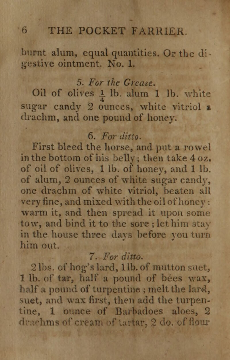 burnt alum, equal quantities. Or the di- gestive ointment. No. 1. 5. For the Grease. Oil of olives i lb. alum 1 lb. white 4 sugar candy 2 ounces, white vitriol * drachm, and one pound of honey. 6. For ditto. First bleed the horse, and put a rowel in the bottom of his belly; then take 4 oz. of oil of olives, 1 lb. of honey, and 1 lb. of alum, 2 ounces of white sugar candy, one drachm of white vitriol, beaten all very tine, and mixed with the oil oi'honey : warm it, and then spread it upon some tow, and bind it to the sore ; let. him ,;ta\ in the house three days before you turn him out. 7. For ditto. 2 lbs. of hog's lard, 1 lb. of mutton suet, 1 lb. of tar, half a pound of bees wax, half a pound of turpentine.; melt the lard, suet, and wax first, then add the turpen- tine, 1 ounce of Barbadoes aloes, 2 drachms of cream of tartar, 2 do. of flour