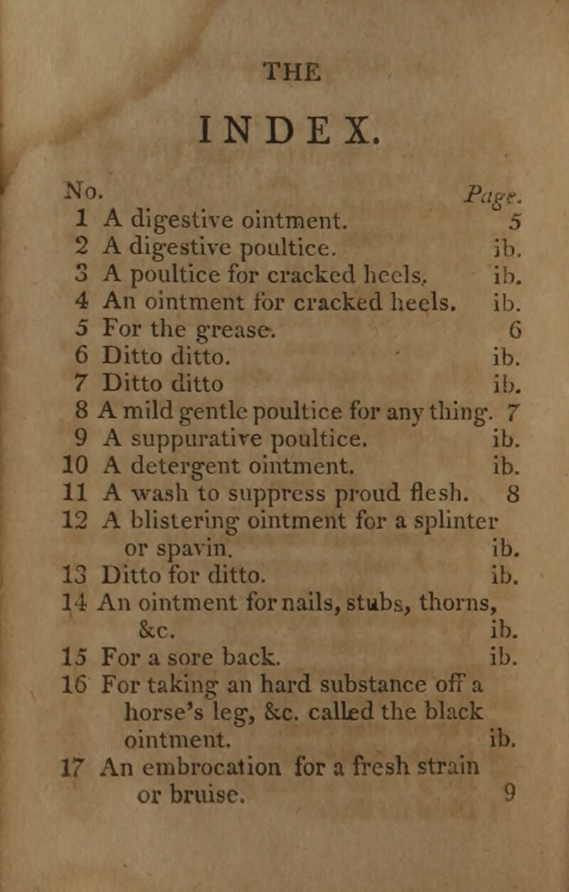 THE INDEX. No. 1 A digestive ointment. 5 2 A digestive poultice. jb. 3 A poultice for cracked heels, ib. 4 An ointment for cracked heels. ib. 5 For the grease. 6 6 Ditto ditto. ib. 7 Ditto ditto ib. 8 A mild gentle poultice for any thing. 7 9 A suppurative poultice. ib. 10 A detergent ointment. ib. 11 A wash to suppress proud flesh. 8 12 A blistering ointment for a splinter or spavin. ib. 13 Ditto for ditto. ib. 11 An ointment for nails, stubs, thorns, &c. ib. 15 For a sore back. ib. 16 For taking an hard substance off a horse's leg, &c. called the black ointment. ib. 17 An embrocation for a fresh strain or bruise. 9