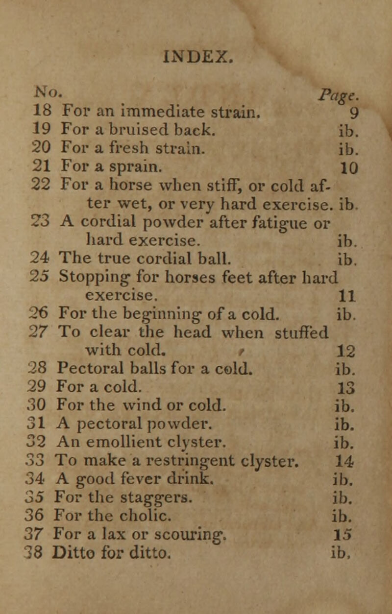 No. Page. 18 For an immediate strain. 9 19 For a bruised back. ib. 20 For a fresh strain. ib. 21 For a sprain. 10 22 For a horse when stiff, or cold af- ter wet, or very hard exercise, ib. 23 A cordial powder after fatigue or hard exercise. ib. 24 The true cordial ball. ib. 25 Stopping- for horses feet after hard exercise. 11 26 For the beginning* of a cold. ib. 27 To clear the head when stuffed with cold. r 12 28 Pectoral balls for a cold. ib. 29 For a cold. 13 30 For the wind or cold. ib. 31 A pectoral powder. ib. 32 An emollient clyster. ib. 33 To make a restringent clyster. 14 34 A good fever drink. ib. 35 For the staggers. ib. 36 For the cholic. ib. 37 For a lax or scouring. 15 38 Ditto for ditto. ib.