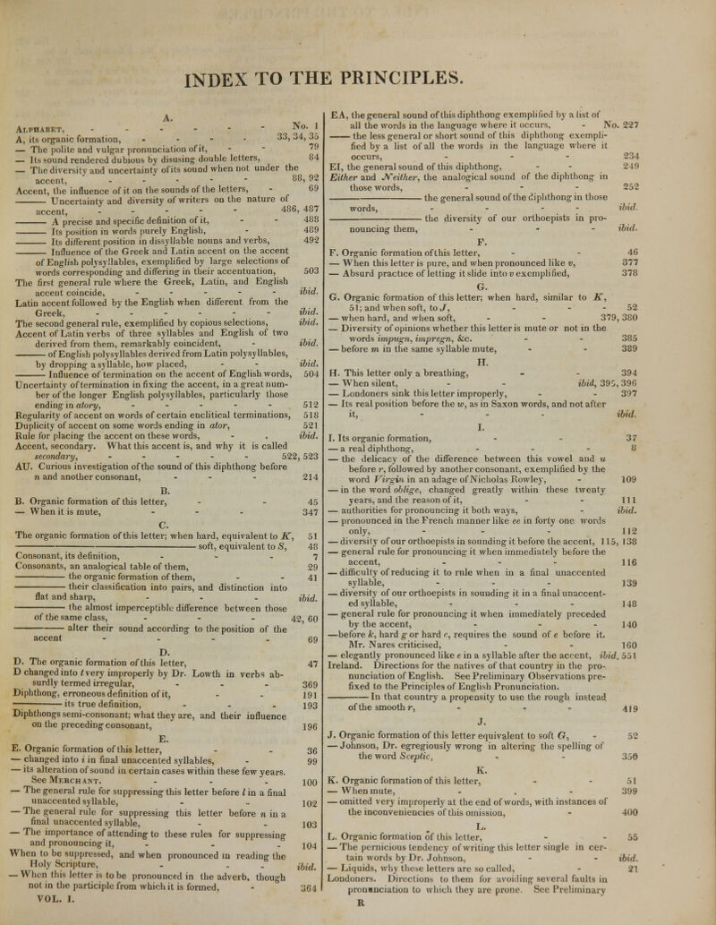 INDEX TO THE PRINCIPLES. Alphabet, ------ No. 1 A, its organic formation, • 33,34, 35 - The polite and vulgar pronunciation of it, - '9 - Its sound rendered dubious by disusing double letters, 84 - The diversity and uncertainty ofits sound when not under the accent, - oo, »* Accent, the influence of it on the sounds of the letters, - 69 Uncertainty and diversity of writers on the nature of accent, ----- 486,487 A precise and specific definition of it, - - 488 I(s position in words purely English, - 489 Its different position in dissyllable nouns and verbs, 492 Influence of the Greek and Latin accent on the accent of English polysyllables, exemplified by large selections of words corresponding and differing in their accentuation, 503 The first general rule where the Greek, Latin, and English accent coincide, ----- ibid. Latin accent followed by the English when different from the Greek, ....-- ibid. The second general rule, exemplified by copious selections, ibid. Accent of Latin verbs of three syllables and English of two derived from them, remarkably coincident, - ibid. of English polysyllables derived from Latin polysyllables, by dropping a syllable, how placed, - - ibid. Influence of termination on the accent of English words, 504 Uncertainty of termination in fixing the accent, in a great num- ber of the longer English polysyllables, particularly those ending in atory, ----- 512 Regularity of accent on words of certain enclitical terminations, 518 Duplicity of accent on some words ending in ator, 521 Rule for placing the accent on these words, - . ibid. Accent, secondary. What this accent is, and why it is called secondary, ----- 522, 523 AU. Curious investigation of the sound of this diphthong before n and another consonant, - - - 214 B. B. Organic formation of this letter, - - 45 - When it is mute, ... 347 C. The organic formation of this letter; when hard, equivalent to K, 51 ———— — soft, equivalent to S, 48 Consonant, its definition, - - 7 Consonants, an analogical table of them, 29 the organic formation of them, - - 41 their classification into pairs, and distinction into flat and sharp, - - - ibid. the almost imperceptible difference between those of the same class, - - - 42 60 alter their sound according to the position of the accent - - - -69 D. D. The organic formation of this letter, 47 D changed into t very improperly by Dr. Lowth in verbs ab- surdly termed irregular, - 369 Diphthong, erroneous definition of it, - - 191 —its true definition, - - - 193 Diphthongs semi-consonant; what they are, and their influence on the preceding consonant, 196 E. E. Organic formation of this letter, - - 36 — changed into i in final unaccented syllables, - 99 — it3 alteration of sound in certain cases within these few years. See Merchant. ... 100 — The general rule for suppressing this letter before I in a final unaccented syllable, - - 102 — The general rule for suppressing this letter before n in a final unaccented syllable, - - 103 — The importance of attending to these rules for suppressing and pronouncing it, - - . 104 When to be suppressed, and when pronounced in reading the Holy Scripture, - . . ibid, — When this letter is to be pronounced in the adverb, though not in the participle from which it is formed, - 364 VOL. I. EA, the general sound of this diphthong exemplified by a list of all the words in the language where it occurs, - No. 227 the less general or short sound of this diphthong exempli- fied by a list of all the words in the language where it occurs, - - EI, the general sound of this diphthong, Either and Neither, the analogical sound of the diphthong in those words, - - - the general sound of the diphthong in those 234 249 252 words, nouncing them, the diversity of our orthoepists in pro- ibid. ibid. F. Organic formation of this letter, - - 46 — When this letter is pure, and when pronounced like v, 377 — Absurd practice of letting it slide into v exemplified, 378 G. G. Organic formation of this letter; when hard, similar to K, 51; and when soft, to J, - - - 52 — when hard, and when soft, - - 379,380 — Diversity of opinions whether this letter is mute or not in the words impugn, impregn, Sic. - - 385 — before m in the same syllable mute, - - 389 H. H. This letter only a breathing, - - 394 — When silent,  - - ibid, 395,396 — Londoners sink this letter improperly, - - 397 — Its real position before the w, as in Saxon words, and not after it, - - ibid- I. I. Its organic formation, - - 37 — a real diphthong, - - - 8 — the delicacy of the difference between this vowel and u before r, followed by another consonant, exemplified by the word Virgin in an adage of Nicholas Rowley, - 109 — in the word oblige, changed greatly within these twenty years, and the reason of it, - - 111 — authorities for pronouncing it both ways, - ibid. — pronounced in the French manner like ee in forty one words only, - - - 112 — diversity of our orthoepists in sounding it before the accent, 115, 138 — general rule for pronouncing it when immediately before the accent, - - - 116 — difficulty of reducing it to rule when in a final unaccented syllable, - - - 139 — diversity of our orthoepists in sounding it in a final unaccent- ed syllable, - - - 148 — general rule for pronouncing it when immediately preceded by the accent, - - - 140 —before k, hard g or hard c, requires the sound of e before it. Mr. Nares criticised, - - 160 — elegantly pronounced like e in a syllable after the accent, ibid. 551 Ireland. Directions for the natives of that country in the pro- nunciation of English. See Preliminary Observations pre- fixed to the Principles of English Pronunciation. In that country a propensity to use the rough instead of the smooth r, - - 419 J. J. Organic formation of this letter equivalent to soft G, - 52 — Johnson, Dr. egregiously wrong in altering the spelling of the word Sceptic, ■. - 350 K. K. Organic formation of this letter, - 51 — When mute, - . - 399 — omitted very improperly at the end of words, with instances of the inconveniencies of this omission, - 400 L. L. Organic formation of this letter, - 55 — The pernicious tendency of writing this letter single in cer- tain words by Dr. Johnson, - - ibid. — Liquids, why these letters are so called, - 21 Londoners. Directions to them lor avoiding several faults in pronunciation to which they are prone. See Preliminary R