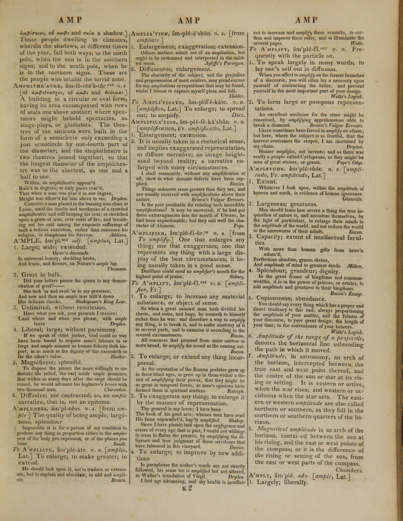 Kfi/pia-ictoif of ctfitpt and arx.101 a shadow.] Those people dwelling in climates, wherein the shadows, at different times of the year, fall both ways; to the north pole, when the sun is in the southern signs; and to the south pole, when he is in the northern signs. These are the people who inhabit the torrid zone. Amfhithe'atre, am-fe-Me'a-tur.816 n.s [ot <zp.<pt6ixTgov, of af*4>i and 6i<io/xxi.^ A building in a circular or oval form, having its area encompassed with rows of seats one-above another; where spec- tators might behold spectacles, as stage-plays, or gladiators. The thea- tres of the ancients were built in the form of a semicircle only exceeding a just semicircle by one-lourth part ol the diameter; and the amphitheatre is two theatres joined together; so that the longest diameter of the amphithea- tre was to the shortest, as one and a half to one. Within, an amphitheatre appear'd Rais'd in degrees; to sixty paces rear'd, That when a man was plac'd in one degree, Height was allow'd for him above to see. Dryden. Conceive a man placed in the burning iron chair at Lyons, amid the insults and mockeries of a crowded amphitheatre, and still keeping his seat; or stretched upon a grate of iron, over coals of fire, and breath- ing out his soul among the exquisite sufferings of such a tedious execution, rather than renounce his religion, or blaspheme his Saviour. Mdison. A'MPLE, am'pl.408 adj. [_amplus, Lat.J 1. Large; wide; extended. Heav'n descends In universal bounty, shedding herbs, And fruits, and flowers, on Nature's ample lap. Thomson. 2. Great in bulk. Did your letters pierce the queen to any demon- stration of grief? She took 'm and read 'm in my presence, And now and then an ample tear trill'd down Her delicate cheeks. Shakspeare's King Lear. 3. Unlimited; without restriction. Have what you ask, your presents I receive; Land where and when you please, with ample leave Dryden. 4. Liberal; large; without parsimony. If we speak of strict justice, God could no way have been bound to require man's labours in so large and ample manner as human felicity doth im- port; in as much as the dignity of this exceedeth so far the other's value. Hooker. 5. Magnificent; splendid. To dispose the prince the more willingly to un- dertake his relief, the earl made ample promises, that within so many days after the siege should be raised, he would advance his highness's levies with two thousand men. Clarendon. 6. Diffusive; not contracted; as, an am/ile narrative, that is, not an epitome. Vmpleness, am'pl-ness. n. s. [from am- ple] The quality of being ample; large- ness; splendour Impossible it is for a person of my condition to produce any thing in proportion either to the ample- ness of the body you represent, or of the places you bear. South. To A'mpliate, am'ple-ate. v. a. [amplio, Lat.] To enlarge; to make greater; to extend. He should look upon it, not to traduce or extenu- ate, but to explain and elucidate, to add and ampli- ate. Brown. Amplia'tion, am-ple-a'shun. n. s. [from ampliate.] 1. Enlargement; exaggeration; extension. Odious matters admit not of an ampliation, but ought to be restrained and interpreted in the mild- est sense. Jlyliffe's Parergon. 2. Diffuseness; enlargement. The obscurity of the subject, and the prejudice and prepossession of most readers, may plead excuse for any ampliations or repetitions that may be found, whilst I labour to express myself plain and full. Holder. To Ampli'ficate, am-plif'e-kate. v. a. [ampli/ico, Lat.J To enlarge; to spread out; to amplify. Diet. Amplification, am-ple-fe-ka'shun. n. s. [amplification, Fr. amplification Lat.J 1. Enlargement; extension. 2. It is usually taken in a rhetorical sense, and implies exaggerated representation, or diffuse narrative; an image height- ened beyond reality; a narrative en- larged with many circumstances. I shall summarily, without any amplification at all, shew in what manner defects have been sup- plied. Davies. Things unknown seem greater than they are, and are usually received with amplifications above their nature. Brown's Vulgar Errours. Is the poet justifiable for relating such incredible amplifications? It may be answered, if he had put these extravagancies into the mouth of Ulysses, he had been unpardonable; but they suit well the cha- racter of Alcinous. Pope. A'mplifier, am'ple-fi-ur.98 n. s. [from To amplify^ One that enlarges any- thing; one that exaggerates; one that represents any thing with a large dis- play of the best circumstances; it be- ing usually taken in a good sense. Dorillaus could need no amplifiers mouth for the highest point of praise. Sidney. To A'mplify, am'ple-fi.183 v. a. [ampli- fier, Fr.] 1. To enlarge; to increase any material substance, or object of sense. So when a great monied man hath divided his chests, and coins, and bags, he seemeth to himself richer than he was: and therefore a way to amplify any thing, is to break it, and to make anatomy of it in several parts, and to examine it according to the several circumstances. Bacon. All concaves that proceed from more narrow to more broad, do amplify the sound at the coming out. Bacon. 2. To enlarge; or extend any thing incor- poreal. As the reputation of the Roman prelates grew up in these blind ages, so grew up in them withal a de- sire of amplifying their power, that they might be as great in temporal forces, as men's opinions have formed them in spiritual matters. Raleigh. 3. To exaggerate any thing; to enlarge it by the manner of representation. Thy general is my lover; I have been The book of his good acts; whence men have read His fame unparallel'd, hap'ly amplified. Shaksp. Since I have plainly laid open the negligence and errors of every age that is past, I would not willing- ly seem to flatter the present, by amplifying the di- ligence and true judgment of those servitours that have laboured in this vineyard. Davies 4. To enlarge; to improve by new addi- tions In paraphrase the author's words arc not strictly followed, his sense too is amplified but not altered as Waller's translation of Virgil. Dryden k2 ent to increase and amplify these remarks, to coii- firm and improve these rules, and to illuminate the several pages. Watts. To A'mplify, am'ple-fi.133 v. n. Fre- quently with the particle on. 1. To speak largely in many words; to lay one's self out in diffusion. When you affect to amplify on the former branches of a discourse, you will often lay a necessity upon yourself of contracting the latter, and prevent yourself in the most important part of your design. Watts's Logick. 2. To form large or pompous represen- tations. An excellent medicine for the stone might be conceived, by amplifying apprehensions able to break a diamond. Broum's Vulgar Eirours. I have sometimes been forced to amplify on others; but here, where the subject is so fruitful, that the harvest overcomes the reaper, I am shortened by my chain. Dryden. Homer amplifies, not invents; and as there was really a people called Cyclopeans, so they might be men of great stature, or giants. Pope's Odys. A'mplitude, am'ple-tude. n. s. [ampli- tude, Fr. amplitudo, Lat.J 1. Extent. Whatever I look upon, within the amplitude of heaven and earth, is evidence of human ignorance. Glanville. 2. Largeness; greatness. Men should learn how severe a thing the true in- quisition of nature is, and accustom themselves, by the light of particulars, to enlarge their minds to the amplitude of the world, and not reduce the world to the narrowness of their minds. Bacon. 3. Capacity; extent of intellectual facul- ties. With more than human gifts from heav'n adorn'd, Perfections absolute, graces divine, And amplitude of mind to greatest deeds. MUton. 4. Splendour; grandeur; dignity. In the great frame of kingdoms and common- wealths, it is in the power of princes, or estates, to add amplitude and greatness to their kingdoms. . Bacon's Essays. 5. Copiousness; abundance. You should say every thing which has a proper and direct tendency to this end; always proportioning the amplitude of your matter, and the fulness of your discourse, to your great design; the length of your time, to the convenience of your hearers. Watts's Logick. 6. Amplitude of the range of a projectile, denotes the horizontal line subtending the path in which it moved. 7. Amplitude, in astronomy, an arch of the horizon, intercepted between the true east and west point thereof, and the centre of the sun or star at its ris- ing or setting. It is eastern or ortive, when the star rises; and western or oc- ciduous when the star sets. The east- ern or western amplitude are also called northern or southern, as they fall in the northern or southern quarters of the ho- rizon. 8. Magnetical amplitude is an arch of the horizon, contained between the sun at his rising, and the east or west points of the compass; or it is the difference of the rising or setting of the sun, from the east or west parts of the compass. Chambers. A'mply, am'ple. adv. [ample, Lat.J