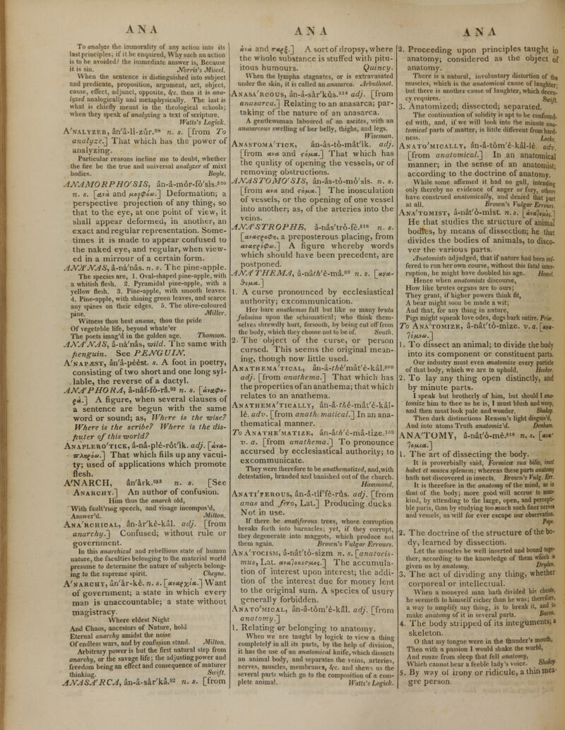 To analyze the immorality of any action into its last principles; if it be enquired, Why such an action is to be avoided? the immediate answer is, Because it is sin. Norr-is's Miscel. When the sentence is distinguished into subject and predicate, proposition, argument, act, object, cause, effect, adjunct, opposite, t$(c. then it is ana- lyzed analogically and metaphysically. The last is what is chiefly meant in the theological schools; when they speak of analyzing a text of scripture. Watls^s Logick. A'nalyzer, an'a-li-zur.98 n. s. [from To analyze.] That which has the power of analyzing. Particular reasons incline me to doubt, whether the fire be the true and universal analyzer of mixt bodies. Boyle. AjYAMORPHO'SIS, an-a-mor-fo'sis.*20 n. s. [ctv« and fioatplu.] Deformation; a perspective projection of any thing, so that to the eye, at one point of view, it shall appear deformed, in another, an exact and regular representation. Some- times it is made to appear confused to the naked eye, and regular, when view- ed in a mirrour of a certain form. ANA'JYAS, a-na'nas. n. s. The pine-apple. The species are, 1. Oval-shaped pine-apple, with a whitish flesh. 2. Pyramidal pine-apple, with a yellow flesh. 3. Pine-apple, with smooth leaves. 4. Pine-apple, with shining green leaves, and scarce any spines on their edges. 5. The olive-coloured pine. Miller. Witness thou best anana, thou the pride Of vegetable life, beyond whate'er The poets imag'd in the golden age. Thomson. AJVA'NAS, a-na'nas, wild. The same with penguin. See PEJVG UIJY. A'napjEST, an'a-peest. s. A foot in poetry, consisting of two short and one long syl- lable, the reverse of a dactyl. ANA'PHO RA, a-naf-f6-ra.92 n. s. [um<po- %*.] A figure, when several clauses of a sentence are begun with the same word or sound; as, Whtre is the wise? Where is the scribe? Where is the dis- fiuter of this world? Anaplero'tick, a-na-ple-rot'ik. adj. [uvu- ■n-\n%oa7] That which fills up any vacui- ty; used of applications which promote flesh. A'NARCH, an'ark.3*3 n. s. [See Anarchy.] An author of confusion. Him thus the anarch old, With fault'nug speech, and visage incompos'd, Answer'd. Milton. Ana'rchioal, an-ar'ke-kal. adj. [from anarchy.'] Confused; without rule or government. In this anarchical and rebellious state of human nature, the faculties belonging to the material world presume to determine the nature of subjects belong- ing to the supreme spirit. Cheyne. A'narchy, an'ar-ke. n. s. [«v<*f^/«.] Want of government; a state in which every man is unaccountable; a state without magistracy. Where eldest Night And Chaos, ancestors of Nature, hold Eternal anarchy amidst the noise Of endless wars, and by confusion stand. Milton. Arbitrary power is but the first natural step from anarchy, or the savage life; the adjusting power and freedom being an effect and consequence of maturer thinking. Swi/<- AjVASA'RCA, an-a-sar'ka.92 n. s. [from «v* and 5-«f|.] A sort of dropsy, where the whole substance is stuffed with pitu- itous humours. Quincy. When the lympha stagnates, or is extravasated under the skin, it is called an anasarca. »1rbulhnot. Anasa'rcous, an-a-sar'kus.sl* adj. [from anasarca.] Relating to an anasarca; par- taking of the nature of an anasarca. A gentlewoman laboured of an ascites, with an anasarcous swelling of her belly, thighs, and legs. Wiseman. Anastoma'tick, an-as-to-mat'ik. adj. [from «v« and rifix.] That which has the quality of opening the vessels, or of removing obstructions. AJYASTOMO'SIS, an-as-to-mo'sis. n. s. [from «v* and ropa..] The inosculation of vessels, or the opening of one vessel into another; as, of the arteries into the veins. AJYA'STROPHE, a-nas'tro-fe.518 n. s. [<*v«sf e<z>>;, a preposterous placing, from «v«rf££>*'•] A figure whereby words which should have been precedent, are postponed. AJYA'THEMA,-d-njLth'e-ma.»2 n. s. \_ctva- S-e/ucct.] 1. A curse pronounced by ecclesiastical authority; excommunication. Her bare anathemas fall but like so many bruta fubnma upon the schismatical; who think them- selves shrewdly hurt, forsooth, by being cut off from the body, which they choose not to be of. South. 2. The object of the curse, or person cursed. This seems the original mean- ing, though now little used. Anathema'tjcal, an-a-^//e/mat/e-kal.50!) adj. [from anathema.] That which has the properties of an anathema; that which relates to an anathema. Anathema'tically, an-a-^/ie-mat'e-kal- 16. adv. [from anatht matical.] In an ana- thematical manner. To Anathe'matize, an-a^'e-ma-tize.lrj<J ■v. a. [from anathema.] To pronounce accursed by ecclesiastical authority; to excommunicate. They were therefore to be anathematized, and,with detestation, branded and banished out of the church. Hammond. Anati'ferous, an-a-tiffe-rus. adj. [from anas and fero, Lat.] Producing ducks Not in use. If there be anatiferons trees, whose corruption breaks forth into barnacles; yet, if they corrupt, they degenerate into maggots, which produce not them again. Brown's Vulgar Errours. Ana'tocisw, a-nat'to-sizm n. s. [anatocis- mus, Lat. ctvu.1oy.t3-f4.oi.] The accumula- tion of interest upon interest; the addi- tion of the interest due for money lent to the original sum. A species of usury generally forbidden. Anato'mical, an-a-tom'e-kal. adj. [from anatomy.] 1. Relating or belonging to anatomy. When we are taught by logick to view a thing completely in all its parts, by the help of division, it has the use of an anatomical knife, which dissects an animal body, and separates the veins, arteries, nerves, muscles, membranes, fyc. and shews us the several parts which go to the composition of a com- plete animal. Watts's Logick. A N A 2. Proceeding upon principles taught in anatomy; considered as the object of anatomy. There is a natural, involuntary distortion of th» muscles, which is the anatomical cause of laughter but there is another cause of laughter, which decen- cy requires. Swift. 3. Anatomized; dissected; separated. The continuation of solidity is apt to be confound- ed with, and, if we will look into the minute o««- tomical parts of matter, is little different from hard- ness. ^ Locke. Anato'mically, an-a-tom'e-kal-le. adv. [from anatomical.] In an anatomical manner; in the sense of an anatomist- according to the doctrine of anatomy. While some affirmed it had no gall, intending only thereby no evidence of anger or fury, others have construed anatomically, and denied that part at all. Brown's Vulgar Errours. Ana'tomist, a-nat'6-mlst. n.s. [ivo^i;.] He that studies the structure of animal bodies, by means of dissection; he that divides the bodies of animals, to disco- ver the various parts. Anatomists adjudged, that if nature had been suf- fered to run her own course, without this fatal inter- ruption, he might have doubled his age. Howel. Hence when anatomists discourse, How like brutes organs are to ours; They grant, if higher powers think fit, A bear might soon be made a wit; And that, for any thing in nature, Pigs might squeak love odes, dogs bark satire. Prim. To Ana'tomizr, a-nat'to-mize. v.a.[xt»- le/Mu.] 1. To dissect an animal; to divide the body into its component or constituent parts. Our industry must even anatomize every particle of that body, which we are to uphold. Hooker. 2. To lay any thing open distinctly, and by minute parts. I speak but brotherly of him, but should I ana- tomize him to thee as he is, I must blush and weep, and then must look pale and wonder. Shatep. Then dark distinctions Reason's light disguis'd, And into atoms Truth anatomized. Denham ANA'TOMY, a-nat'o-me.'18 n. s. [«v«- TofAICt.] 1. The art of dissecting the body. It is proverbially said, Formicct sua bilis, inest habct et mnsca splenem; whereas these parts anatomy hath not discovered in insects. Brown^s Vulg. Err. It is therefore in the anatomy of the mind, as in that of the body; more good will accrue to man- kind, by attending to the large, open, and percepti- ble parts, than by studying too much such finer nervei and vessels, as will for ever escape our observation. Pope. 2. The doctrine of the structure of the bo- dy, learned by dissection. Let the muscles be well inserted and bound toge- ther, according to the knowledge of them which is given us by anatomy. Dryitn. 3. The act of dividing any thing, whether corporeal or intellectual. When a moneyed man hath divided his chests, he seemeth to himself richer than he was; therefore, a way to amplify any thing, is to break it, and to make anatomy of it in several parts. Bacon. 4. The body stripped of its integuments; a skeleton. O that my tongue were in the thunder's mouth, Then with a passion I would shake the world, And rouze from sleep that fell anatomy, Which cannot hear a feeble lady's voice. Shaksp 5. By way ol irony or ridicule, a thin mea- gre person.
