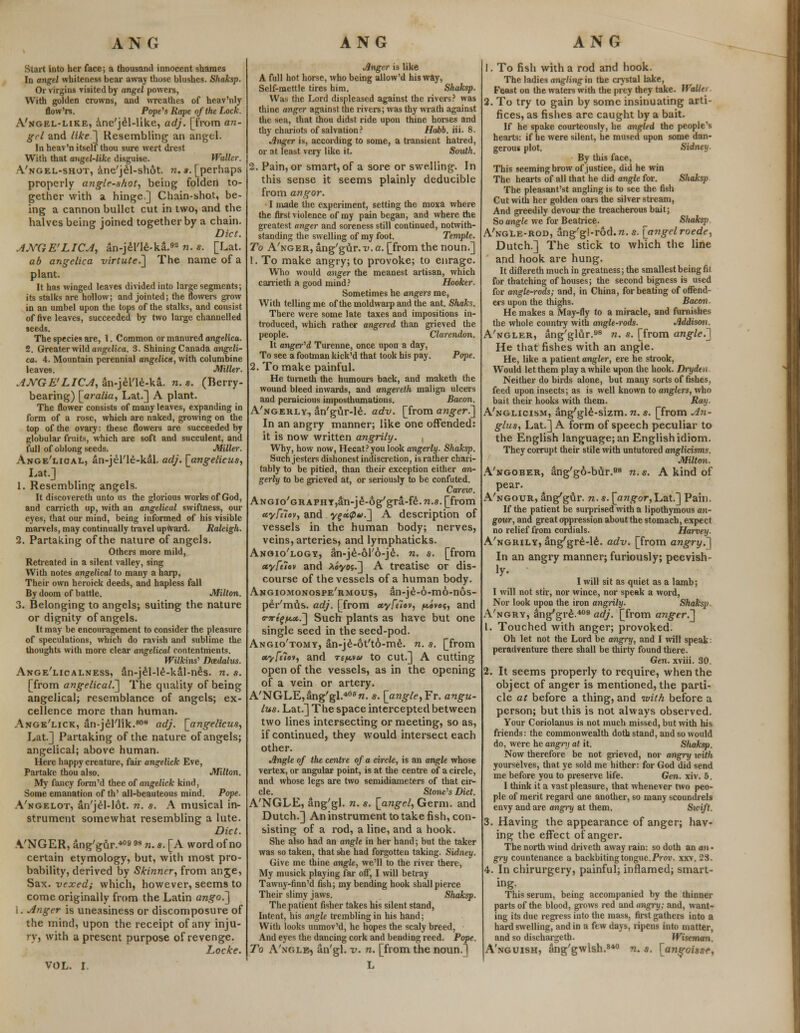 ANG ANG ANG Start into her face; a thousand innocent shames In angel whiteness bear away those blushes. Shaksp. Or virgins visited by angel powers, With golden crowns, and wreathes of heav'nly flow Vs. Pope's Rape of the Lock. A'ngel-like, ane'jel-like, adj. [from an- gel and like ] Resembling an angel. In heav'n itself thou sure wert drest With that angel-like disguise. Waller. A'ngel-shot, ane'jel-shot. n. s. [perhaps properly angle-shot, being foldert to- gether with a hinge.] Chain-shot, be- ing a cannon bullet cut in two, and the halves being joined together by a chain. Diet. ANGELICA, an-jel'le-ka.93 n. s. [Lat. ab angelica virtute.'] The name of a plant. It has winged leaves divided into large segments; its stalks are hollow; and jointed; the flowers grow in an umbel upon the tops of the stalks, and consist of five leaves, succeeded by two laxge channelled seeds. The species are, 1. Common or manured angelica. 2. Greater wild angelica. 3. Shining Canada angeli- ca. 4. Mountain perennial angelica, with columbine leaves. Miller. ANGELICA, an-jel'le-ka. n.s. (Berry- bearing) \_aralia, Lat.] A plant. The flower consists of many leaves, expanding in form of a rose, which are naked, growing on the top of the ovary: these flowers are succeeded by globular fruits, which are soft and succulent, and full of oblong seeds. Miller. Ange'lical, an-jel'le-kal. adj. [angelicus, Lat.] 1. Resembling angels. It discovereth unto us the glorious works of God, and carrieth up, with an angelical swiftness, our eyes, that our mind, being informed of his visible marvels, may continually travel upward. Raleigh. 2. Partaking of the nature of angels. Others more mild, Retreated in a silent valley, sing With notes angelical to many a harp, Their own heroick deeds, and hapless fall By doom of battle. Milton. 3. Belonging to angels; suiting the nature or dignity of angels. It may be encouragement to consider the pleasure of speculations, which do ravish and sublime the thoughts with more clear angelical contentments. Wilkins1 Dcedalus. Ange'licalness, an-jel-le-kal-nes. n. s. [from angelical?^ The quality of being angelical; resemblance of angels; ex- cellence more than human. Ange'lick, an-jel'llk.808 adj. [angelicus, Lat.] Partaking of the nature of angels; angelical; above human. Here happy creature, fair angelick Eve, Partake thou also. Milton. My fancy form'd thee of angelick kind, Some emanation of th' all-beauteous mind. Pope. A'ngelot, an'jel-lot. n. s. A musical in- strument somewhat resembling a lute. Diet. VNGER, ang'gur.409 9S n. s. [A word of no certain etymology, but, with most pro- bability, derived by Skinner, from ange, Sax. vexed; which, however, seem9 to come originally from the Latin ango.~] i. Anger is uneasiness or discomposure of the mind, upon the receipt of any inju- •v, with a present purpose of revenge. Locke. VOL. I. Jinger is like A full hot horse, who being allow'd his way, Self-mettle tires him. Shaksp. Was the Lord displeased against the rivers? was thine anger against the rivers; was thy wrath against the sea, that thou didst ride upon thine horses and thy chariots of salvation? Habb. iii. 8. Jinger is, according to some, a transient hatred, or at least very like it. Soidh. 2. Pain, or smart, of a sore or swelling. In this sense it seems plainly deducible from angor. I made the experiment, setting the moxa where the first violence of my pain began, and where the greatest anger and soreness still continued, notwith- standing the swelling of my foot. Temple. To A'nger, ang'gur.v. a. [from the noun.] 1. To make angry; to provoke; to enrage. Who would anger the meanest artisan, which carrieth a good mind? Hooker. Sometimes he angers me, With telling me of the moldwarp and the ant. Shaks. There were some late taxes and impositions in- troduced, which rather angered than grieved the people. Clarendon. It angered Turenne, once upon a day, To see a footman kick'd that took his pay. Pope. 2. To make painful. He turneth the humours back, and maketh the wound bleed inwards, and angereth malign ulcers and pernicious imposthumations. Bacon. A'ngerly, an'gur-le. adv. [from anger.~] In an angry manner; like one offended: it is now written angrily. , Why, how now, Hecat?you look angerly. Shaksp. Such jesters dishonest indiscretion, is rather chari- tably to be pitied, than their exception either an- gerly to be grieved at, or seriously to be confuted. Carew. Angio'grafh Y,an-je-og'gra-fe. n.s. [from ccyfelov, and ygx<pu.~\ A description of vessels in the human body; nerves, veins, arteries, and lymphaticks. Angio'logy, an-je-61'6-je. n. s. [from ctyfclov and *oyos.~] A treatise or dis- course of the vessels of a human body. Angiomonospe'rmous, an-je-o-mo-nos- per'mils. adj. [from xyfiiov, pivot, and <r5Tf£j«,<*.] Such plants as have but one single seed in the seed-pod. Angio'tomy, an-je-ot'to-me. n. s. [from etyfeiot, and Tfju,v# to cut.] A cutting open of the vessels, as in the opening of a vein or artery. A'NGLE,ang'gI.406«. s. [angle,Fv. angu- lus. Lat.] The space intercepted between two lines intersecting or meeting, so as, if continued, they would intersect each other. Jingle of the centre of a circle, is an angle whose vertex, or angular point, is at the centre of a circle, and whose legs are two semidiameters of that cir- cle. Stone's Diet. A'NGLE, ang'gl. n. s. [angel, Germ, and Dutch.] An instrument to take fish, con- sisting of a rod, a line, and a hook. She also had an angle in her hand; but the taker was so taken, that she had forgotten taking. Sidney. Give me thine angle, we'll to the river there, My musick playing far off, I will betray Tawny-finn'd fish; my bending hook shall pierce Their slimy jaws. Shaksp. The patient fisher takes his silent stand, Intent, his angle trembling in his hand; With looks unmov'd, he hopes the scaly breed, And eyes the dancing cork and bending reed. Pope. To A'nglb, an'gl. v. n. [from the noun.] L 1. To fish with a rod and hook. The ladies angling in the crystal lake, Feast on the waters with the prey they take. Waller 2. To try to gain by some insinuating arti- fices, as fishes are caught by a bait. If he spake courteously, he angled the people's hearts: if he were silent, he mused upon some dan- gerous plot. Sidney. By this face, This seeming brow of justice, did he win The hearts of all that he did angle for. Shaksp The pleasant'st angling is to see the fish Cut with her golden oars the silver stream, And greedily devour the treacherous bait; So angle we for Beatrice. Shaksp A'ngLe-rod, ang'gl-rod.ra. s. [angelroede, Dutch.] The stick to which the line and hook are hung. It diSereth much in greatness; the smallest being fit for thatching of houses; the second bigness is used for angle-rods; and, in China, for beating of offend- ers upon the thighs. Bacon. He makes a May-fly to a miracle, and furnishes the whole country with angle-rods. Jiddison. A'ngler, ang'glur.88 n. s. [from angled] He that fishes with an angle. He, like a patient angler, ere he strook, Would let them play a while upon the hook. Dryden Neither do birds alone, but many sorts of fishes, feed upon insects; as is well known to anglers, who bait their hooks with them. Ray. A'nglicism, ang'gle-sizm. n. s. [from An- glus, Lat.] A form of speech peculiar to the English language; an English idiom. They corrupt their stile with untutored anglicisms. Milton. A'ngober, ang'go-bur.98 n. s. A kind of pear. A'ngour, ang'gur. n. s. [angor,Lat.] Pain. If the patient be surprised with a lipothymous an- gour, and great oppression about the stomach, expect no relief from cordials. Harvey. A'ngrily, ang'gre-le. adv. [from angry.,] In an angry manner; furiously; peevish- ly. I will sit as quiet as a lamb; I will not stir, nor wince, nor speak a word, Nor look upon the iron angrily. Shaksp. A'ngry, ang'gre.409 adj. [from anger.] 1. Touched with anger; provoked. Oh let not the Lord be angry, and I will speak peradventure there shall be thirty found there. Gen. xviii. 30. 2. It seems properly to require, when the object of anger is mentioned, the parti- cle at before a thing, and with before a person; but this is not always observed. Your Coriolanus is not much missed, but with his friends: the commonwealth doth stand, and so would do, were he angry at it. Shaksp. Now therefore be not grieved, nor angry ivith yourselves, that ye sold me hither: for God did send me before you to preserve life. Gen. xiv. 5. I think it a vast pleasure, that whenever two peo- ple of merit regard one another, so many scoundrels envy and are angi-y at them. Swift. 3. Having the appearance of anger; hav- ing the effect of anger. The north wind drivcth away rain: so doth an an • gry countenance a backbiting tongue.Prov. xxv. 2S. 4. In chirurgery, painful; inflamed; smart- ing. This serum, being accompanied by the thinner parts of the blood, grows red and angry; and, want- ing its due regress into the mass, first gathers into a hard swelling, and in a few days, ripens into matter, and so dischargeth. Wiseman. A'nguish, ang'gwish.840 n. s. [angoisse.
