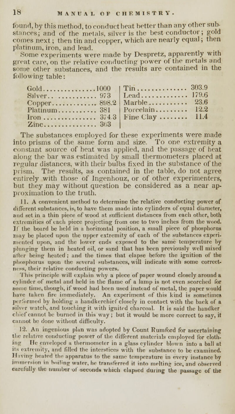 found, by this method, to conduct heat better than any other sub- stances; and of the metals, silver is the best conductor; gold comes next; then tin and copper, which are nearly equal; then platinum, iron, and lead. Some experiments were made by Despretz, apparently with great care, on the relative conducting power of the metals and some other substances, and the results are contained in the following table: Gold 1000 Silver 973 Copper 898.2 Platinum 381 Iron 3/4.3 Zinc 363 Tin 303.9 Lead 179.6 Marble 23.6 Porcelain 12.2 Bine Clay 11.4 The substances employed for these experiments were made into prisms of the same form and size. To one extremity a constant source of heat was applied, and the passage of heat along the bar was estimated by small thermometers placed at regular distances, with their bulbs fixed in the substance of the prism. The results, as contained in the table, do not agree entirely with those of Ingenhouz, or of other experimenters, but they may without question be considered as a near ap- proximation to the truth. ] 1. A convenient method to determine the relative conducting power of different substances, is, to have them made into cylinders of equal diameter, and set in a thin piece of wood at sufficient distances from each other, both extremities of each piece projecting from one to two inches from the wood. JI the board be held in a horizontal position, a small piece of phosphorus may be placed upon the upper extremity of each of the substances experi- merited upon, and the lower ends exposed to the same temperature by plunging them in heated oil, or sand that has been previously well mixed after being heated ; and the times that elapse before the ignition of the phosphorus upon the several substances, will indicate with some correct- ness, their relative conducting powers. This principle will explain why a piece of paper wound closely around a cylinder of metal and held in the flame of a lamp is not even scorched (or some time, though, if wood had been used instead of metal, the paper would have taken fire immediately. An experiment of this kind is sometimes performed by holding a handkerchief closely in contact with the bank of a silver watch, and touching it with ignited charcoal. It is said the handker chief cannot be burned in this way; but it would be more correct to say, it cannot be done without difficulty. 12. An ingenious plan was adopted by Count Rumford for ascertaining the relative conducing poweT of the different materials employed for cloth- ing He enveloped a thermometer in a glass cylinder blown into a ball at iis extremity, and filled the interstices with the substance to be examined. Having heated the apparatus to the same temperature in every instance by immersion in boiling water, he transferred it into meltine ice, and observed carefully the number of seconds which elapsed during the passage of the