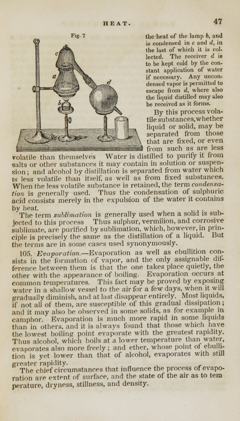 Fig. 7 the heat of the lamp b, and is condensed in c and d, in the last of which it is col- lected. The receiver d is to be kept cold by the con- stant application of water if necessary. Any uncon- densed vapor is permitted to escape from d, where also the liquid distilled may also be received as it forms. By this process vola- tile substances.whether liquid or solid, may be separated from those that are fixed, or even ^^^^^^^^^^^^^^B^^^^^^^^^^^^B from such as are less volatile than themselves Water is distilled to purify it from salts or other substances it may contain in solution or suspen- sion ; and alcohol by distillation is separated from water which is less volatile than itself, as well as from fixed substances. When the less volatile substance is retained, the term condensa- tion is generally used. Thus the condensation of sulphuric acid consists merely in the expulsion of the water it contains by heat. The term sublimation is generally used when a solid is sub- jected to this process Thus sulphur, vermilion, and corrosive sublimate, are purified by sublimation, which, however, in prin- ciple is precisely the same as the distillation of a liquid. But the terms are in some cases used synonymously. 105. Evaporation.—Evaporation as well as ebullition con- sists in the formation of vapor, and the only assignable dif- ference between them is that the one takes place quietly, the other with the appearance of boiling. Evaporation occurs at common temperatures. This fact may be proved by exposing water in a shallow vessel to the air for a few days, when it will gradually diminish, and at last disappear entirely. Most liquids, if not all of them, are susceptible of this gradual dissipation; and it may also be observed in some solids, as for example in camphor. Evaporation is much more rapid in some liquids than in others, and it is always found that those which have the lowest boiling point evaporate with the greatest rapidity. Thus alcohol, which boils at a lower temperature than water, evaporates also more freely; and ether, whose point of ebulli- tion is yet lower than that of alcohol, evaporates with still greater rapidity. The chief circumstances that influence the process of evapo- ration are extent of surface, and the state of the air as to tera perature, dryness, stillness, and density.