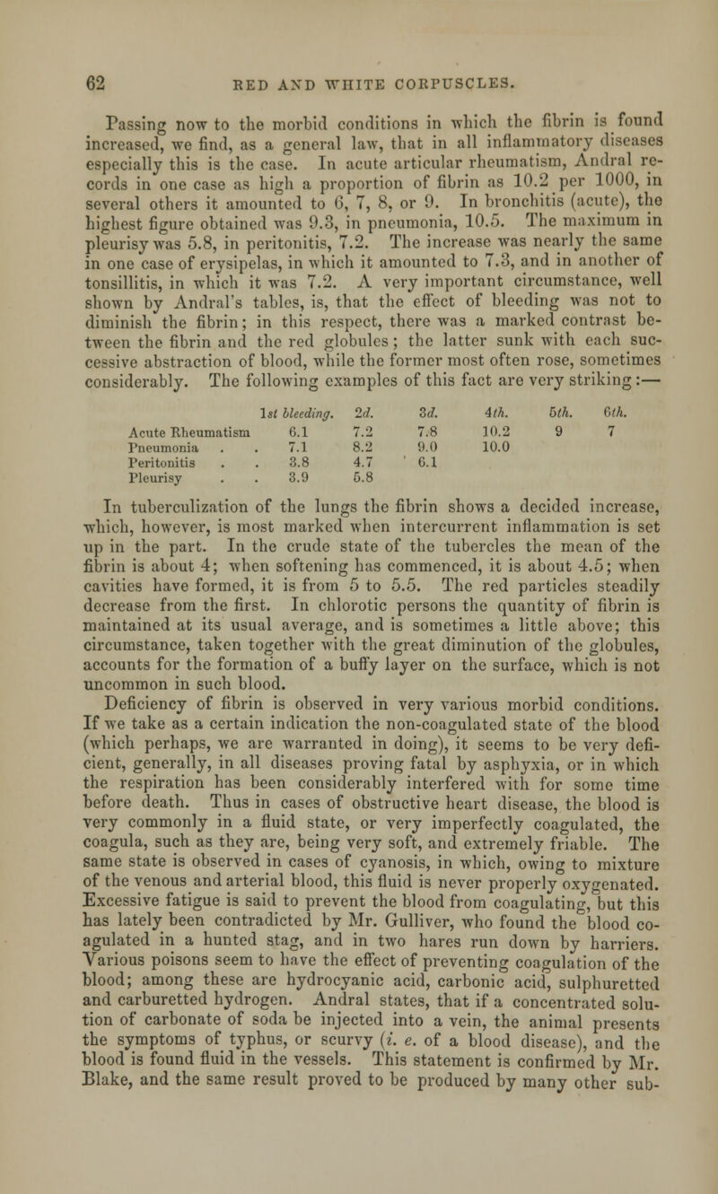 Passing now to the morbid conditions in -which the fibrin is found increased, we find, as a general law, that in all inflammatory diseases especially this is the case. In acute articular rheumatism, Andral re- cords in one case as high a proportion of fibrin as 10.2 per 1000, in several others it amounted to 6, 7, 8, or 9. In bronchitis (acute), the highest figure obtained was 9.3, in pneumonia, 10.5. The maximum in pleurisy was 5.8, in peritonitis, 7.2. The increase was nearly the same in one case of erysipelas, in which it amounted to 7.3, and in another of tonsillitis, in which it was 7.2. A very important circumstance, well shown by Andral's tables, is, that the effect of bleeding was not to diminish the fibrin; in this respect, there was a marked contrast be- tween the fibrin and the red globules; the latter sunk with each suc- cessive abstraction of blood, while the former most often rose, sometimes considerably. The following examples of this fact are very striking :— 1st bleeding. 2d. Zd. 4lk. bth. toh. Acute Rheumatism 6.1 7.2 7.8 10.2 9 7 Pneumonia . . 7.1 8.2 9.0 10.0 Peritonitis . . 3.8 4.7 ' G.l Pleurisy . . 3.9 5.8 In tuberculization of the lungs the fibrin shows a decided increase, which, however, is most marked when intercurrent inflammation is set up in the part. In the crude state of the tubercles the mean of the fibrin is about 4; when softening has commenced, it is about 4.5; when cavities have formed, it is from 5 to 5.5. The red particles steadily decrease from the first. In chlorotic persons the quantity of fibrin is maintained at its usual average, and is sometimes a little above; this circumstance, taken together with the great diminution of the globules, accounts for the formation of a buffy layer on the surface, which is not uncommon in such blood. Deficiency of fibrin is observed in very various morbid conditions. If we take as a certain indication the non-coagulated state of the blood (which perhaps, we are warranted in doing), it seems to be very defi- cient, generally, in all diseases proving fatal by asphyxia, or in which the respiration has been considerably interfered with for some time before death. Thus in cases of obstructive heart disease, the blood is very commonly in a fluid state, or very imperfectly coagulated, the coagula, such as they are, being very soft, and extremely friable. The same state is observed in cases of cyanosis, in which, owing to mixture of the venous and arterial blood, this fluid is never properly oxygenated. Excessive fatigue is said to prevent the blood from coagulating, but this has lately been contradicted by Mr. Gulliver, who found the blood co- agulated in a hunted stag, and in two hares run down by harriers. Various poisons seem to have the effect of preventing coagulation of the blood; among these are hydrocyanic acid, carbonic acid, sulphuretted and carburetted hydrogen. Andral states, that if a concentrated solu- tion of carbonate of soda be injected into a vein, the animal presents the symptoms of typhus, or scurvy (i. e. of a blood disease), and the blood is found fluid in the vessels. This statement is confirmed by Mr. Blake, and the same result proved to be produced by many other sub-