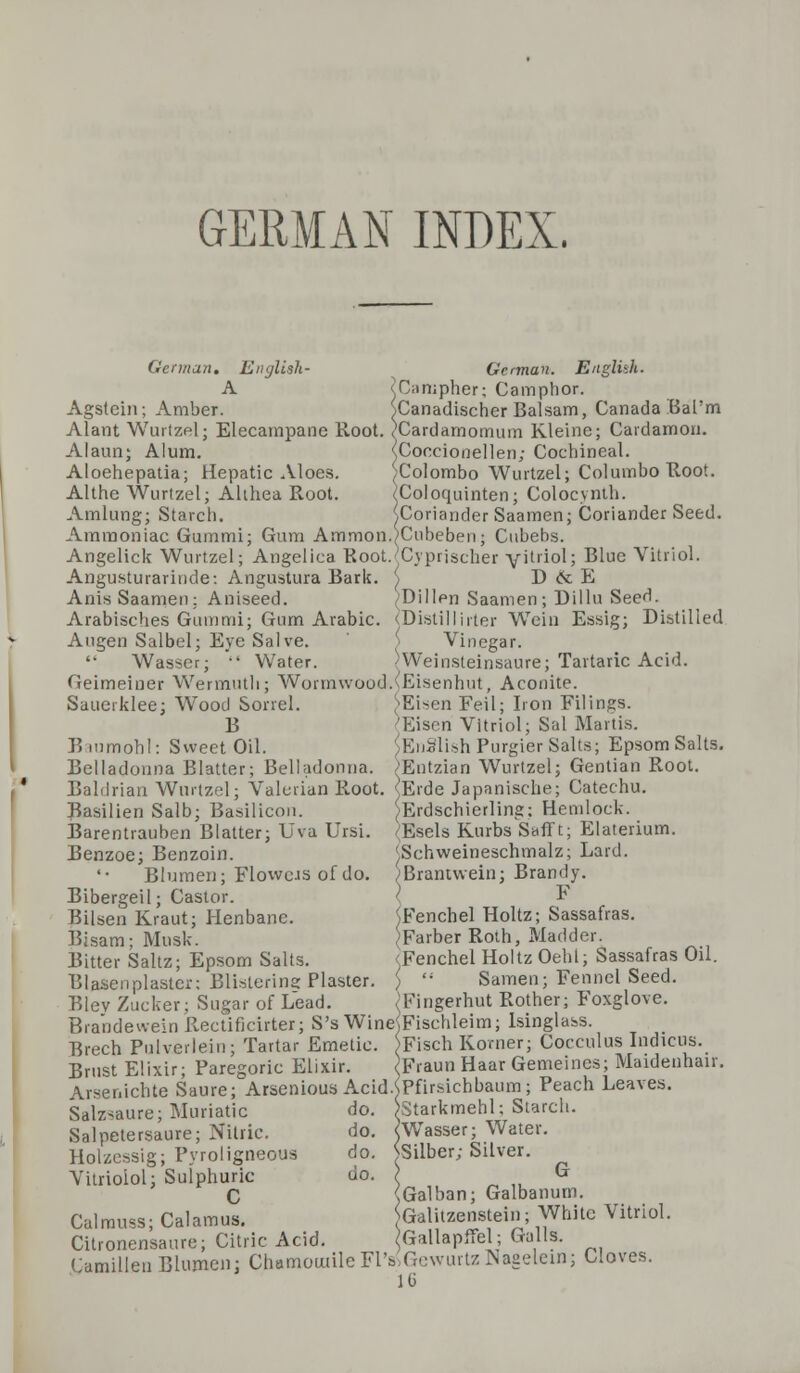 GERMAN INDEX. German. English- German. English. A T'liiipher; Camphor. Agstein; Amber. )Canadischer Balsam, Canada Bal'm Alant Wurtzel; Elecampane Root. /Cardamomum Kleine; Cardamom Alaun; Alum. sCoccionellen; Cochineal. Aloehepatia; Hepatic Aloes. ^Colombo Wurtzel; Col umbo Root. Althe Wurtzel; Alihea Root. (Colocminten; Colocynth. Amlung; Starch. (Coriander Saamen; Coriander Seed. Ammoniac Gummi; Gum Ammon.)Cubeben; Cubebs. Angelick Wurtzel; Angelica Root.^Cypriseher yitriol; Blue Vitriol. Angusturarinde: Angustura Bark. S D &E Anis Saamen; Aniseed. Dillen Saamen; Dillu Seed. Arabisches Gummi; Gum Arabic. (DistilIirter Wein Essig; Distilled Angen Salbel; Eye Salve. Vinegar. Wasser; •' Water Weinsteinsaure; Tartaric Acid. Geimeiner Wermutli; Wormwood. Eisenhut, Aconite Sauerklee; Wood Sorrel. B B mm oh I: Sweet Oil. Belladonna Blatter; Belladonna. ;>Eisen Feil; Iron Filings. |Eisen Vitriol; Sid Martis. ;Eu21ish Purgier Salts; Epsom Salts. ,'Entzian Wurtzel; Gentian Root. A>Ul IdUUllIJd JJiailCI , ucuauuinia. muu.iajl iiuiiibij x» Baldrian Wurtzel; Valerian Root. <E'de Japanische; Catechu. Basilien Salb; Basilicon. Barentrauben Blatter; Uva Ursi. Benzoe; Benzoin. •• Blumen; Flowc.is of do. Bibergeil; Castor. Bilsen Kraut; Henbane. Bisam; Musk. Bitter Saltz; Epsom Salts. Blasen pi aster; Blistering Plaster Bley Zucker; Sugar of Lead (Erdschierling; Hemlock. Esels Kurbs Safft; Elaterium. 'Schweineschmalz; Lard. ,; Brantwein; Brandy. i F ^Fenchel Holtz; Sassafras. )Farber Roth, Madder. Fenchel Holtz Oehl; Sassafras Oil. )  Samen; Fennel Seed. (Fingerhut Rother; Foxglove. BrandeweinRectificirter; S's Wine<JFischleim; Isinglass. Brech Pulverlein; Tartar Emetic. )Fisch Komer; Cocculus Indicus. Brust Elixir; Paregoric Elixir. <>Fraun Haar Gemeines; Maidenhair. Arser.ichte Saure; Arsenious Acid.SPfirsichbaum; Peach Leaves. Salz-aure; Muriatic Salpetersaure; Nitric. Holzessig; Pyroligneous Vitrioiol: Sulphuric C Calmuss; Calamus. Citronensaure; Citric Acid do. )Starkmehl; Starch. do. (Wasser; Water. do. >Silber; Silver, do. G (Galban; Galbanum. }Galitzenstein; White Vitriol. Gallapffel; Galls. Umilleu Blumen; Chamomile Fl'sSGewurtz Nagelein; Cloves. 10