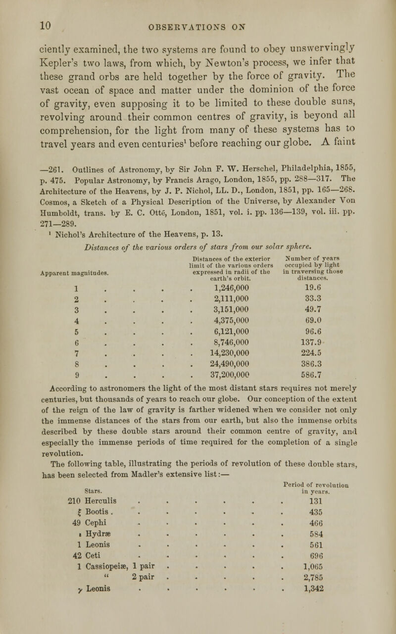 ciently examined, the two systems are found to obey unswervingly Kepler's two laws, from which, by Newton's process, we infer that these grand orbs are held together by the force of gravity. The vast ocean of space and matter under the dominion of the force of gravity, even supposing it to be limited to these double suns, revolving around their common centres of gravity, is beyond all comprehension, for the light from many of these systems has to travel years and even centuries1 before reaching our globe. A faint —261. Outlines of Astronomy, by Sir John F. W. Herschel, Philadelphia, 1855, p. 475. Popular Astronomy, by Francis Arago, London, 1855, pp. 288—317. The Architecture of the Heavens, by J. P. Nichol, LL. D., London, 1851, pp. 165—268. Cosmos, a Sketch of a Physical Description of the Universe, by Alexander Von Humboldt, trans, by E. C. Otte, London, 1851, vol. i. pp. 136—139, vol. iii. pp. 271—289. 1 Nichol's Architecture of the Heavens, p. 13. Distances of the various orders of stars from our solar sphere. Distances of the exterior Number of years limit of the various orders occupied by light Apparent magnitudes. expressed in radii of the in traversing those earth's orbit. distances. 1 1,246,000 19.6 2 . 2,111,000 33.3 3 3,151,000 49.7 4 4,375,000 69.0 5 6,121,000 96.6 6 . . . . 8,746,000 137.9 7 14,230,000 224.5 8 24,490,000 386.3 9 37,200,000 586.7 According to astronomers the light of the most distant stars requires not merely centuries, but thousands of years to reach our globe. Our conception of the extent of the reign of the law of gravity is farther widened when we consider not only the immense distances of the stars from our earth, but also the immense orbits described by these double stars around their common centre of gravity, and especially the immense periods of time required for the completion of a single revolution. The following table, illustrating the periods of revolution of these double stars, has been selected from Madler's extensive list:— Period of revolution Stars. in years. 210 Herculis . 131 £ Bootis . . 435 49 Cephi • 466 t Hydrse 584 1 Leonis - 561 42 Ceti . 696 1 Cassiopeise, 1 pair • 1,065  2 pair • 2,785 y Leonis • 1,342