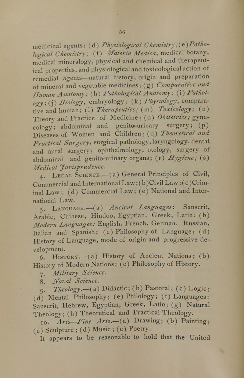 medicinal agents; (d) Physiological Chemistry,-(e)Patho- logical Chemistry; (f) Materia Medica, medical botany, medical mineralogy, physical and chemical and therapeut- ical properties, and physiological and toxicological action of remedial agents—natural history, origin and preparation of mineral and vegetable medicines; (g) Comparative and Human Anatomy; (h) Pathological Anatomy; (i) Pathol- ogy ;(j) Biology, embryology; (k) Physiology, compara- tive and human; (1) Therapeutics; (m) Toxicology; (n) Theory and Practice of Medicine ; (o) Obstetrics; gyne- cology; abdominal and genito-urinary surgery; (p) Diseases of Women and Children ; (q) Theoretical and Practical Surgery, surgical pathology, laryngology, dental and aural surgery; ophthalmology, otology, surgery of abdominal and genito-urinary organs; (r) Hygiene; (s) Medical Jurisprudence. 4. Legal Science.—(a) General Principles of Civil, Commercial and International Law; (b)Civil Law; (^Crim- inal Law; (d) Commercial Law; (e) National and Inter- national Law. • 5. Language.—(a) Ancient Languages: Sanscrit, Arabic, Chinese, Hindoo, Egyptian, Greek, Latin; (b) Modern Languages: English, French, German, Russian, Italian and Spanish; (c) Philosophy of Language; (d) History of Language, mode of origin and progressive de- velopment. 6. History.—(a) History of Ancient Nations; (b) History of Modern Nations; (c) Philosophy of History. 7. Military Science. 8. Naval Science. 9. Theology.—(a) Didactic; (b) Pastoral; (c) Logic; (d) Mental Philosophy; (e) Philology; (f) Languages: Sanscrit, Hebrew, Egyptian, Greek, Latin; (g) Natural Theology; (h) Theoretical and Practical Theology. 10. Arts—Fine Arts.—(a) Drawing; (b) Painting; (c) Sculpture ; (d) Music ; (e) Poetry. It appears to be reasonable to hold that the United