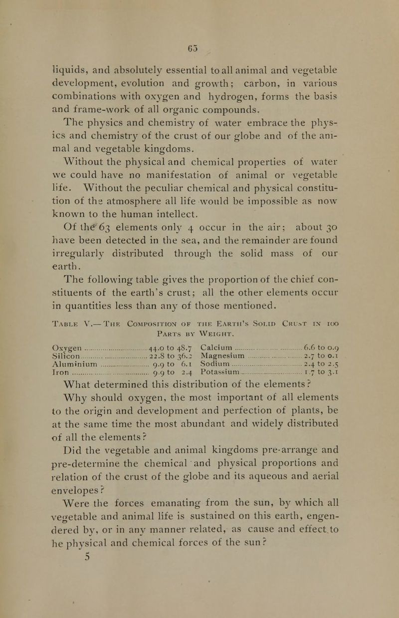 liquids, and absolutely essential to all animal and vegetable development, evolution and growth; carbon, in various combinations with oxygen and hydrogen, forms the basis and frame-work of all organic compounds. The physics and chemistry of water embrace the phys- ics and chemistry of the crust of our globe, and of the ani- mal and vegetable kingdoms. Without the physical and chemical properties of water we could have no manifestation of animal or vegetable life. Without the peculiar chemical and physical constitu- tion of the atmosphere all life would be impossible as now known to the human intellect. Of the 63 elements only 4 occur in the air; about 30 have been detected in the sea, and the remainder are found irregularly distributed through the solid mass of our earth. The following table gives the proportion of the chief con- stituents of the earth's crust; all the other elements occur in quantities less than any of those mentioned. Table Y.— The Composition of the Earth's Solid Crust in 100 Parts by Weight. Oxygen 44.0 to 4S.7 Calcium 6.6 to 0.9 .Silicon 22.S to 36.^ Magnesium 2.7 to 0.1 Aluminium 9.9 to 6.1 Sodium 2.4 to 2.5 Iron 9.9 to 2.4 Potassium 1.7 to 3.1 What determined this distribution of the elements? Why should oxygen, the most important of all elements to the origin and development and perfection of plants, be at the same time the most abundant and widely distributed of all the elements? Did the vegetable and animal kingdoms pre-arrange and pre-determine the chemical and physical proportions and relation of the crust of the globe and its aqueous and aerial envelopes? Were the forces emanating from the sun, by which all vegetable and animal life is sustained on this earth, engen- dered by, or in any manner related, as cause and effect to he physical and chemical forces of the sun? 5