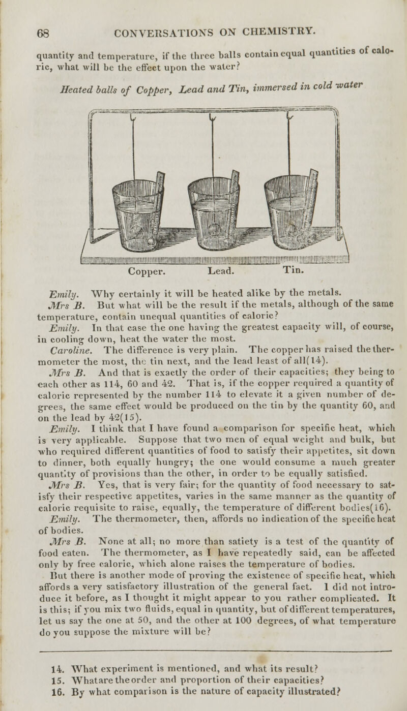 quantity ami temperature, if the three balls contain equal quantities of calo- ric, what will be the effect upon the water? Heated balls of Copper, Lead and Tin, immersed in cold -water Copper Lead. Emily. Why certainly it will be heated alike by the metals. Mrs B. But what will be the result if the metals, although of the same temperature, contain unequal quantities of caloric? Emily. In that case the one having the greatest capacity will, of course, in cooling down, heat the water the most. Caroline. The difference is very plain. The copper has raised the ther- mometer the most, the tin next, and the lead least of all(l4). Mrs B. And that is exactly the order of their capacities; they being to each other as 114, 60 and 42. That is, if the copper required a quantity of caloric represented by the number 114 to elevate it a given number of de- grees, the same effect would be produced on the tin by the quantity 60, and on the lead by 42(15). Emily. 1 think that I have found a comparison for specific heat, which is very applicable. Suppose that two men of equal weight and bulk, but who required different quantities of food to satisfy their appetites, sit down to dinner, both equally hungry; the one would consume a much greater quantity of provisions than the other, in order to be equally satisfied. Mrs B. Yes, that is very fair; for the quantity of food necessary to sat- isfy their respective appetites, varies in the same manner as the quantity of caloric requisite to raise, equally, the temperature of different bodies(l6). Emily. The thermometer, then, affords no indication of the specific heat of bodies. Mrs B. None at all; no more than satiety is a test of the quantity of food eaten. The thermometer, as I have repeatedly said, can be affected only by free caloric, which alone raises the temperature of bodies. Rut there is another mode of proving the existence of specific heat, which affords a very satisfactory illustration of the general fact. 1 did not intro- duce it before, as I thought it might appear to you rather complicated. It is this; if you mix two fluids, equal in quantity, but of different temperatures, let us say the one at 50, and the other at 100 degrees, of what temperature do you suppose the mixture will be? 14. What experiment is mentioned, and what its result? 15. Whatare theorder and proportion of their capacities? 16. By what comparison is the nature of capacity illustrated?