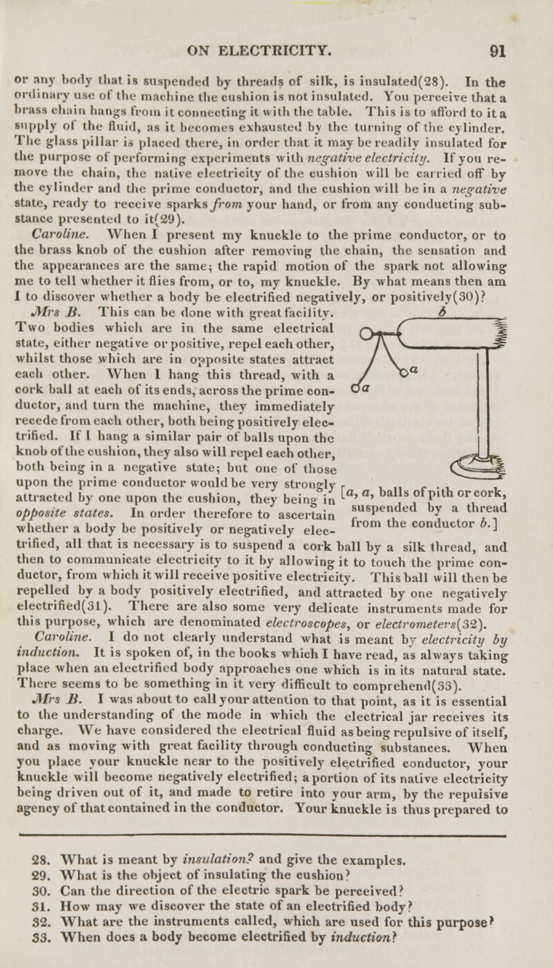 or any body that is suspended by threads of silk, is insulated(28). In the ordinary use of the machine the cushion is not insulated. You perceive that a brass chain hangs from it connecting it with the table. This is to afford to it a supply ot the fluid, as it becomes exhausted by the turning of the cylinder. The glass pillar is placed there, in order that it may be readily insulated for the purpose of performing experiments with negative electricity. If you re- move the chain, the native electricity of the cushion will be carried off by the cylinder and the prime conductor, and the cushion will be in a negative state, ready to receive sparksyrowl your hand, or from any conducting sub- stance presented to it(29). Caroline. When I present my knuckle to the prime conductor, or to the brass knob of the cushion after removing the chain, the sensation and the appearances are the same; the rapid motion of the spark not allowing me to tell whether it flies from, or to, my knuckle. By what means then am I to discover whether a body be electrified negatively, or positively(30)? JWrs B. This can be done witli great facility. Two bodies which are in the same electrical state, either negative or positive, repel each other, whilst those which are in opposite states attract each other. When 1 hang this thread, with a cork ball at each of its ends, across the prime con- ductor, and turn the machine, they immediately recede from each other, both being positively elec- trified. If I hang a similar pair of balls upon the knob of the cushion, they also will repel each other, both being in a negative state; but one of those upon the prime conductor would be very stronglv r ~~ attracted by one upon the cushion, they being in [°' ' bal S ,°f,P'th ortoork» opposite states. In order therefore to ascertain ^sPenudeu by a th«*d whether a body be positively or negatively elec- fr0m the conductor b^ trifled, all that is necessary is to suspend a cork ball by a silk thread, and then to communicate electricity to it by allowing it to touch the prime con- ductor, from which it will receive positive electricity. This ball will then be repelled by a body positively electrified, and attracted by one negatively electrified(31). There are also some very delicate instruments made for this purpose, which are denominated electroscopes, or electrometers^). Caroline. I do not clearly understand what is meant by electricity by induction. It is spoken of, in the books which I have read, as always taking place when an electrified body approaches one which is in its natural state. There seems to be something in it very difficult to comprehend(33). Mrs B. I was about to call your attention to that point, as it is essential to the understanding of the mode in which the electrical jar receives its charge. We have considered the electrical fluid as being repulsive of itself, and as moving with great facility through conducting substances. When you place your knuckle near to the positively electrified conductor, your knuckle will become negatively electrified; aportion of its native electricity being driven out of it, and made to retire into your arm, by the repulsive agency of that contained in the conductor. Your knuckle is thus prepared to 28. What is meant by insulation? and give the examples. 29. What is the object of insulating the cushion? 30. Can the direction of the electric spark be perceived? 31. How may we discover the state of an electrified body? 32. What are the instruments called, which are used for this purpose' 33. When does a body become electrified by induction]