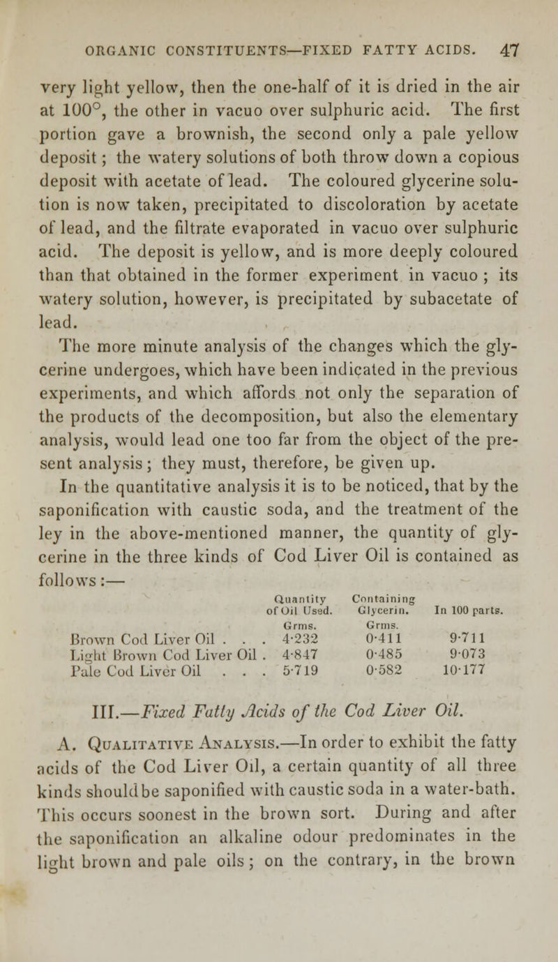 very light yellow, then the one-half of it is dried in the air at 100°, the other in vacuo over sulphuric acid. The first portion gave a brownish, the second only a pale yellow deposit; the watery solutions of both throw down a copious deposit with acetate of lead. The coloured glycerine solu- tion is now taken, precipitated to discoloration by acetate of lead, and the filtrate evaporated in vacuo over sulphuric acid. The deposit is yellow, and is more deeply coloured than that obtained in the former experiment in vacuo ; its watery solution, however, is precipitated by subacetate of lead. The more minute analysis of the changes which the gly- cerine undergoes, which have been indicated in the previous experiments, and which affords not only the separation of the products of the decomposition, but also the elementary analysis, would lead one too far from the object of the pre- sent analysis; they must, therefore, be given up. In the quantitative analysis it is to be noticed, that by the saponification with caustic soda, and the treatment of the ley in the above-mentioned manner, the quantity of gly- cerine in the three kinds of Cod Liver Oil is contained as follows:— Quantity of Oil Used. Containing Glycerin. In 100 parts. Brown Cod Liver Oil . . Lighl Brown Cod Liver Oil Pale Coil Liver Oil . . Grms. . 4-232 . 4-847 . 5-719 Grms. 0-411 0-485 0-582 9-711 9073 10-177 III.—Fixed Fatty Acids of the Cod Liver Oil. A. Qualitative Analysis.—In order to exhibit the fatty acids of the Cod Liver Oil, a certain quantity of all three kinds should be saponified with caustic soda in a water-bath. This occurs soonest in the brown sort. During and after the saponification an alkaline odour predominates in the light brown and pale oils ; on the contrary, in the brown
