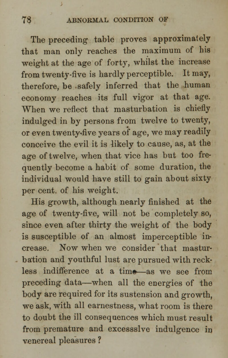 The preceding table proves approximately that man only reaches the maximum of his weight at the age of forty, whilst the increase from twenty-five is hardly perceptible. It may, therefore, be -safely inferred that the human economy reaches its full vigor at that age. When we reflect that masturbation is chiefly indulged in by persons from twelve to twenty, or even twenty*five years of age, we may readily conceive the evil it is likely to cause, as, at the age of twelve, when that vice has but too fre- quently become a habit of some duration, the individual would have still to gain about sixty per cent, of his weight. His growth, although nearly finished at the age of twenty-five, will not be completely so, since even after thirty the weight of the body is susceptible of an almost imperceptible in- crease. Now when we consider that mastur- bation and youthful lust are pursued with reck- less indifference at a tim©—as we see from preceding data—when all the energies of the body are required for its sustension and growth, we ask, with all earnestness, what room is there to doubt the ill consequences which must result from premature and excessslve indulgence in venereal pleasures ?