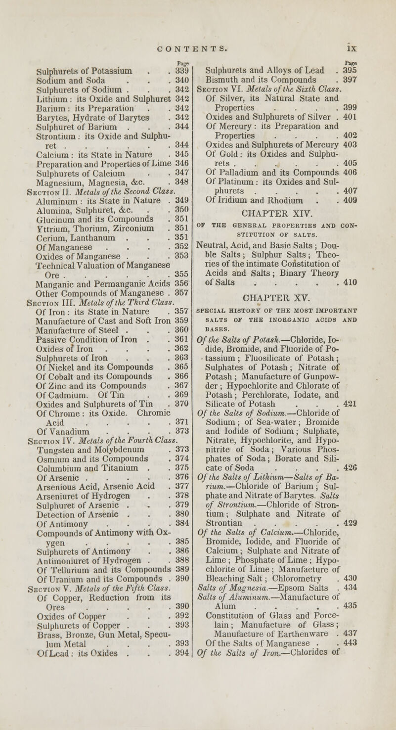 P»Ee Sulphurets of Potassium . . 339 Sodium and Soda . . . 340 Sulphurets of Sodium . . . 342 Lithium: its Oxide and Sulphuret 342 Barium: its Preparation . . 342 Barytes, Hydrate of Barytes . 342 Sulphuret of Barium . . . 344 Strontium : its Oxide and Sulphu- ret 344 Calcium: its State in Nature . 345 Preparation and Properties of Lime 346 Sulphurets of Calcium . . 347 Magnesium, Magnesia, &c. . 348 Section II. Metals of the Second Class. Aluminum : its State in Nature . 349 Alumina, Sulphuret, &c. . . 350 Glucinum and its Compounds . 351 Yttrium, Thorium, Zirconium . 351 Cerium, Lanthanum . . .351 Of Manganese .... 352 Oxides of Manganese . . . 353 Technical Valuation of Manganese Ore 355 Manganic and Permanganic Acids 356 Other Compounds of Manganese . 357 Section III. Metals of the Third Class. Of Iron : its State in Nature . 357 Manufacture of Cast and Soft Iron 359 Manufacture of Steel . . . 360 Passive Condition of Iron . . 361 Oxides of Iron .... 362 Sulphurets of Iron . . . 363 Of Nickel and its Compounds . 365 Of Cobalt and its Compounds . 366 Of Zinc and its Compounds . 367 Of Cadmium. Of Tin . . 369 Oxides and Sulphurets of Tin .370 Of Chrome : its Oxide. Chromic Acid 371 Of Vanadium .... 373 Section IV. Metals of the Fourth Class. Tungsten and Molybdenum . 373 Osmium and its Compounds . 374 Columbium and Titanium . . 375 Of Arsenic 376 Arsenious Acid, Arsenic Acid . 377 Arseniuret of Hydrogen . . 378 Sulphuret of Arsenic . . . 379 Detection of Arsenic . . . 380 Of Antimony . . . .384 Compounds of Antimony with Ox- ygen 385 Sulphurets of Antimony . . 386 Antimoniuret of Hydrogen . . 388 Of Tellurium and its Compounds 389 Of Uranium and its Compounds . 390 Section V. Metals of the Fifth Class. Of Copper, Reduction from its Ores 390 Oxides of Copper . . .392 Sulphurets of Copper . . . 393 Brass, Bronze, Gun Metal, Specu- lum Metal . . . .393 Of Lead: its Oxides . . .394 Paga Sulphurets and Alloys of Lead . 395 Bismuth and its Compounds . 397 Section VI. Metals of the Sixth Class. Of Silver, its Natural State and Properties . . . .399 Oxides and Sulphurets of Silver . 401 Of Mercury : its Preparation and Properties .... 402 Oxides and Sulphurets of Mercury 403 Of Gold: its Oxides and Sulphu- rets 405 Of Palladium and its Compounds 406 Of Platinum: its Oxides and Sul- phurets 407 Of Iridium and Rhodium . . 409 CHAPTER XIV. OF THE GENERAL PROPERTIES AND CON- STITUTION OF SALTS. Neutral, Acid, and Basic Salts ; Dou- ble Salts ; Sulphur Salts ; Theo- ries of the intimate Constitution of Acids and Salts; Binary Theory of Salts 410 CHAPTER XV. SPECIAL HISTORY OF THE MOST IMPORTANT SALTS OF THE INORGANIC ACIDS AND BASES. Of the Salts of Potash.—Chloride, Io- dide, Bromide, and Fluoride of Po- ■ tassium ; Fluosilicate of Potash; Sulphates of Potash; Nitrate of Potash ; Manufacture of Gunpow- der ; Hypochlorite and Chlorate of Potash; Perchlorate, Iodate, and Silicate of Potash . . .421 Of the Salts of Sodium.—Chloride of Sodium ; of Sea-water; Bromide and Iodide of Sodium; Sulphate, Nitrate, Hypochlorite, and Hypo- nitrite of Soda; Various Phos- phates of Soda; Borate and Sili- cate of Soda . . . .426 Of the Salts of Lithium—Salts of Ba- rium.—Chloride of Barium; Sul- phate and Nitrate of Barytes. Salts of Strontium.—Chloride of Stron- tium ; Sulphate and Nitrate of Strontian 429 Of the Salts of Calcium.—Chloride, Bromide, Iodide, and Fluoride of Calcium; Sulphate and Nitrate of Lime ; Phosphate of Lime; Hypo- chlorite of Lime ; Manufacture of Bleaching Salt; Chlorometry . 430 Salts of Magnesia.—Epsom Salts . 434 Salts of Aluminum.—Manufacture of Alum 435 Constitution of Glass and Porce- lain ; Manufacture of Glass; Manufacture of Earthenware . 437 Of the Salts of Manganese . . 443 Of the Salts of Iron.—Chlorides of