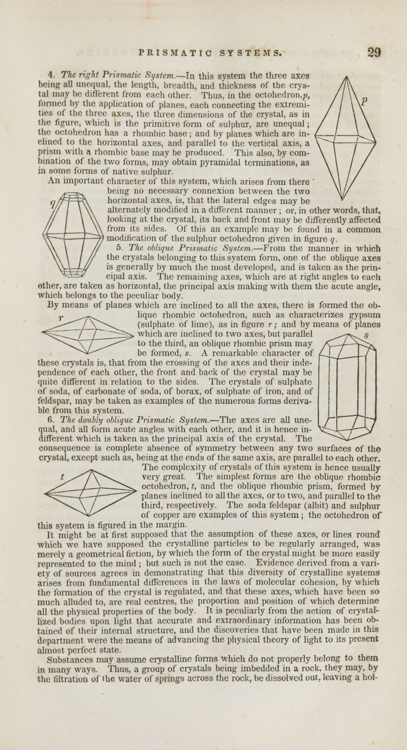 4. The right Prismatic System.—In this system the three axes being all unequal, the length, breadth, and thickness of the crys- tal may be different from each other. Thus, in the octohedron,/?, formed by the application of planes, each connecting the extremi- ties of the three axes, the three dimensions of the crystal, as in the figure, which is the primitive form of sulphur, are unequal; the octohedron has a rhombic base; and by planes which are in- clined to the horizontal axes, and parallel to the vertical axis, a prism with a rhombic base may be produced. This also, by com- bination of the two forms, may obtain pyramidal terminations, as in some forms of native sulphur. An important character of this system, which arises from there being no necessary connexion between the two horizontal axes, is, that the lateral edges may be alternately modified in a different manner; or, in other words, that, looking at the crystal, its back and front may be differently affected from its sides. Of this an example may be found in a common modification of the sulphur octohedron given in figure q. 5. The oblique Prismatic System.—From the manner in which the crystals belonging to this system form, one of the oblique axes is generally by much the most developed, and is taken as the prin- cipal axis. The remaining axes, which are at right angles to each other, are taken as horizontal, the principal axis making with them the acute angle, which belongs to the peculiar body. By means of planes which are inclined to all the axes, there is formed the ob- lique rhombic octohedron, such as characterizes gypsum (sulphate of lime), as in figure r; and by means of planes which are inclined to two axes, but parallel to the third, an oblique rhombic prism may be formed, s. A remarkable character of these crystals is, that from the crossing of the axes and their inde- pendence of each other, the front and back of the crystal may be quite different in relation to the sides. The crystals of sulphate of soda, of carbonate of soda, of borax, of sulphate of iron, and of feldspar, may be taken as examples of the numerous forms deriva- ble from this system. 6. The doubly oblique Prismatic System.—The axes are all une- qual, and all form acute angles with each other, and it is hence in- different which is taken as the principal axis of the crystal. The consequence is complete absence of symmetry between any two surfaces of the crystal, except such as, being at the ends of the same axis, are parallel to each other. The complexity of crystals of this system is hence usually very great. The simplest forms are the oblique rhombic octohedron, t, and the oblique rhombic prism, formed by planes inclined to all the axes, or to two, and parallel to the third, respectively. The soda feldspar (albit) and sulphur of copper are examples of this system; the octohedron of this system is figured in the margin. It might be at first supposed that the assumption of these axes, or lines round which we have supposed the crystalline particles to be regularly arranged, was merely a geometrical fiction, by which the form of the crystal might be more easily represented to the mind ; but such is not the case. Evidence derived from a vari- ety of sources agrees in demonstrating that this diversity of crystalline systems arises from fundamental differences in the laws of molecular cohesion, by which the formation of the crystal is regulated, and that these axes, which have been so much alluded to, are real centres, the proportion and position of which determine all the physical properties of the body. It is peculiarly from the action of crystal- lized bodies upon light that accurate and extraordinary information has been ob- tained of their internal structure, and the discoveries that have been made in this department were the means of advancing the physical theory of light to its present almost perfect state. Substances may assume crystalline forms which do not properly belong to them in many ways. Thus, a group of crystals being imbedded in a rock, they may, by the filtration of the water of springs across the rock, be dissolved out, leaving a hoi-