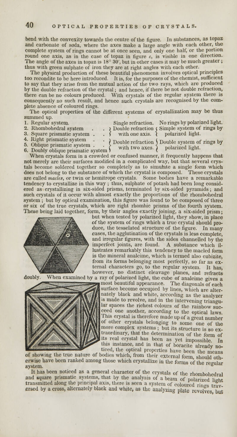 OPTICAL PROPERTIES OF CRYSTALS. bend with the convexity towards the centre of the figure. In substances, as topaz and carbonate of soda, where the axes make a large angle with each other, the complete system of rings cannot be at once seen, and only one half, or the portion round one axis, as in the case of topaz in figure c, is visible in one direction. The angle of the axes in topaz is 18° 30', but in other cases it may be much greater ; thus with green sulphate of iron they are at right angles with each other. The physical production of these beautiful phenomena involves optical principles too recondite to be here introduced. It is, for the purposes of the chemist, sufficient to say that they arise from the mutual action of the two rays, which are produced by the double refraction of the crystal; and hence, if there be not double refraction, there can be no colours produced. With crystals of the regular system there is consequently no such result, and hence such crystals are recognised by the com- plete absence of coloured rings. The optical properties of the different systems of crystallization may be thus summed up. 1. Regular system. Single refraction. No rings by polarized light. 2. Rhombohedral system . . ) Double refraction ( Simple system of rings by 3. Square prismatic system . . ) with one axis. \ polarized light. 4. Right prismatic system . . > D b, refraction C Double system 0f rings by 5. Oblique prismatic system . J with two axes, j polarized light. 6. Doubly oblique prismatic system) t r s When crystals form in a crowded or confused manner, it frequently happens that not merely are their surfaces modified in a complicated way, but that several crys- tals become soldered together so completely as to simulate a single form which does not belong to the substance of which the crystal is composed. These crystals are called macks, or twin or hemitrope crystals. Some bodies have a remarkable tendency to crystallize in this way ; thus, sulphate of potash had been long consid- ered as crystallizing in six-sided prisms, terminated by six-sided pyramids; and such crystals of it occur with almost exactly the proportions of the rhombohedral system ; but by optical examination, this figure was found to be composed of three or six of the true crystals, which are right rhombic prisms of the fourth system. These being laid together, form, by their angles exactly joining, a six-sided prism; but when tested by polarized light, they show, in place of the system of rings which a true crystal should pro- duce, the tesselated structure of the figure. In many cases, the agglutination of the crystals is less complete, and irregular figures, with the sides channelled by the imperfect joints, are found. A substance which il- lustrates remarkably this tendency to the macled form is the mineral analcime, which is termed also cubizite, from its forms belonging most perfectly, so far as ex- ternal characters go, to the regular system. It has, however, no distinct cleavage planes, and refracts When examined by a ray of polarized light, the cube of analcime gives a most beautiful appearance. The diagonals of each surface become occupied by lines, which are alter- nately black and white, according as the analyzer is made to revolve, and in the intervening triangu- lar spaces the richest colours of the rainbow suc- ceed one another, according to the optical laws This crystal is therefore made up of a great number of other crystals belonging to some one of the more complex systems ; but its structure is so ex- traordinary, that the determination of the form of its real crystal has been as yet impossible In this instance, and in that of boracite already no- ticed, the optical properties have been the means of showing the true nature of bodies which, from their external form should oth erwise have been ranked among those which crystallize in the forms of the regular system. s It has been noticed as a general character of the crystals of the rhombohedral and square prismatic systems, that by the analysis of a beam of polarized litrht transmitted along the principal axis, there is seen a system of coloured rines trav ersed by a cross, alternately black and white, as the analyzing plate revolves but doubly.