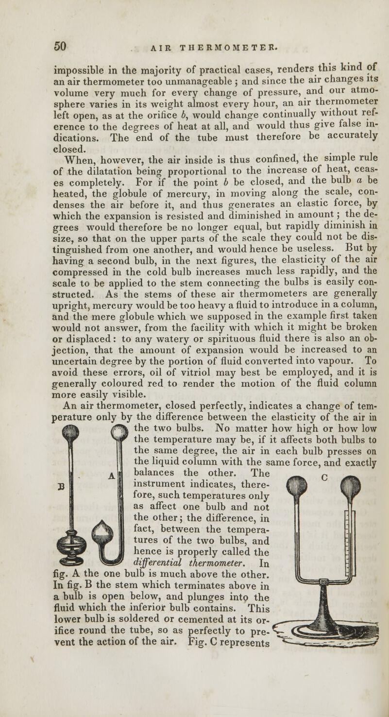 impossible in the majority of practical cases, renders this kind of an air thermometer too unmanageable ; and since the air changes its volume very much for every change of pressure, and our atmo- sphere varies in its weight almost every hour, an air thermometer left open, as at the orifice b, would change continually without ref- erence to the degrees of heat at all, and would thus give false in- dications. The end of the tube must therefore be accurately closed. When, however, the air inside is thus confined, the simple rule of the dilatation being proportional to the increase of heat, ceas- es completely. For if the point b be closed, and the bulb a be heated, the globule of mercury, in moving along the scale, con- denses the air before it, and thus generates an elastic force, by which the expansion is resisted and diminished in amount; the de- grees would therefore be no longer equal, but rapidly diminish in size, so that on the upper parts of the scale they could not be dis- tinguished from one another, and would hence be useless. But by having a second bulb, in the next figures, the elasticity of the air compressed in the cold bulb increases much less rapidly, and the scale to be applied to the stem connecting the bulbs is easily con- structed. As the stems of these air thermometers are generally upright, mercury would be too heavy a fluid to introduce in a column, and the mere globule which we supposed in the example first taken would not answer, from the facility with which it might be broken or displaced: to any watery or spirituous fluid there is also an ob- jection, that the amount of expansion would be increased to an uncertain degree by the portion of fluid converted into vapour. To avoid these errors, oil of vitriol may best be employed, and it is generally coloured red to render the motion of the fluid column more easily visible. An air thermometer, closed perfectly, indicates a change of tem- perature only by the difference between the elasticity of the air in the two bulbs. No matter how high or how low the temperature may be, if it affects both bulbs to the same degree, the air in each bulb presses on the liquid column with the same force, and exactly balances the other. The instrument indicates, there- fore, such temperatures only as affect one bulb and not the other; the difference, in fact, between the tempera- tures of the two bulbs, and hence is properly called the differential thermometer. In fig. A the one bulb is much above the other. In fig. B the stem which terminates above in a bulb is open below, and plunges into the fluid which the inferior bulb contains. This lower bulb is soldered or cemented at its or- ifice round the tube, so as perfectly to pre- vent the action of the air. Fig. C represents