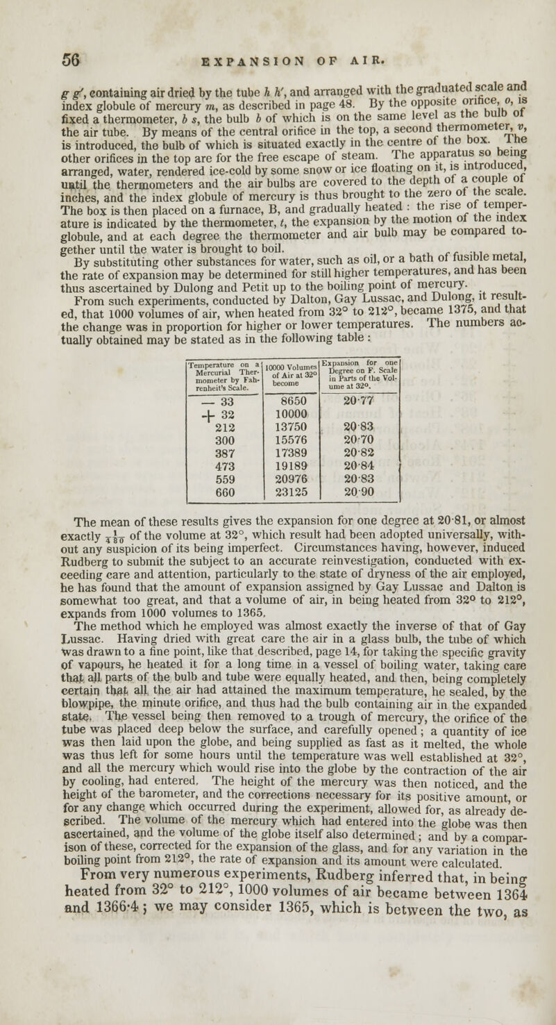 g g', containing air dried by the tube h h', and arranged with the graduated scale and index globule of mercury m, as described in page 48. By the opposite onnce,,o, is fixed a thermometer, b s, the bulb b of which is on the same level as the bum oi the air tube. By means of the central orifice in the top, a second thermometer, v, is introduced, the bulb of which is situated exactly in the centre of the box. ine other orifices in the top are for the free escape of steam. The apparatus so being arranged, water, rendered ice-cold by some snow or ice floating on it, is lntrouucea, uatU the thermometers and the air bulbs are covered to the depth of a couple oi inches, and the index globule of mercury is thus brought to the zero ot the scale. The box is then placed on a furnace, B, and gradually heated : the rise of temper- ature is indicated by the thermometer, t, the expansion by the motion oi the inaex globule, and at each degree the thermometer and air bulb may be compared to- gether until the water is brought to boil. By substituting other substances for water, such as oil, or a bath ot lusioie meiai, the rate of expansion may be determined for still higher temperatures, and has been thus ascertained by Dulong and Petit up to the boiling point of mercury. From such experiments, conducted by Dalton, Gay Lussac, and Dulong, it result- ed, that 1000 volumes of air, when heated from 32° to 212°, became 1375, and that the change was in proportion for higher or lower temperatures. The numbers ac- tually obtained may be stated as in the following table: Temperature on a Mercurial Ther- mometer by Fah- renheit's Scale. 10000 Volumes of Air al 32° become Expansion for one Degree on F. Scale in Parts of the Vol- ume at 32. — 33 -[- 32 212 300 387 473 559 660 8650 10000 13750 15576 17389 19189 20976 23125 20-77 20 83 2070 2082 2084 2083 20 90 The mean of these results gives the expansion for one degree at 2081, or almost exactly ^ of the volume at 32°, which result had been adopted universally, with- out any suspicion of its being imperfect. Circumstances having, however, induced Rudberg to submit the subject to an accurate reinvestigation, conducted with ex- ceeding care and attention, particularly to the state of dryness of the air employed, he has found that the amount of expansion assigned by Gay Lussac and Dalton is somewhat too great, and that a volume of air, in being heated from 32° to 212°, expands from 1000 volumes to 1365, The method which he employed was almost exactly the inverse of that of Gay Lussac. Having dried with great care the air in a glass bulb, the tube of which was drawn to a fine point, like that described, page 14, for taking the specific gravity of vapours, he heated it for a long time in a vessel of boiling water, taking care that, all parts of the bulb and tube were equally heated, and then, being completely certain that all the air had attained the maximum temperature, he sealed, by the blowpipe, the minute orifice, and thus had the bulb containing air in the expanded state. The vessel being then removed to a trough of mercury, the orifice of the tube was placed deep below the surface, and carefully opened; a quantity of ice was then laid upon the globe, and being supplied as fast as it melted, the whole was thus left for some hours until the temperature was well established at 32°, and all the mercury which would rise into the globe by the contraction of the air by cooling, had entered. The height of the mercury was then noticed, and the height of the barometer, and the corrections necessary for its positive amount or for any change which occurred during the experiment, allowed for, as already'de- scribed. The volume of the mercury which had entered into the globe was then ascertained, and the volume of the globe itself also determined; and by a compar- ison of these, corrected for the expansion of the glass, and for any variation in the boiling point from 212°, the rate of expansion and its amount were calculated From very numerous experiments, Rudberg inferred that, in being heated from 32° to 212°, 1000 volumes of air became between 1364- and 13664; we may consider 1365, which is between the two as