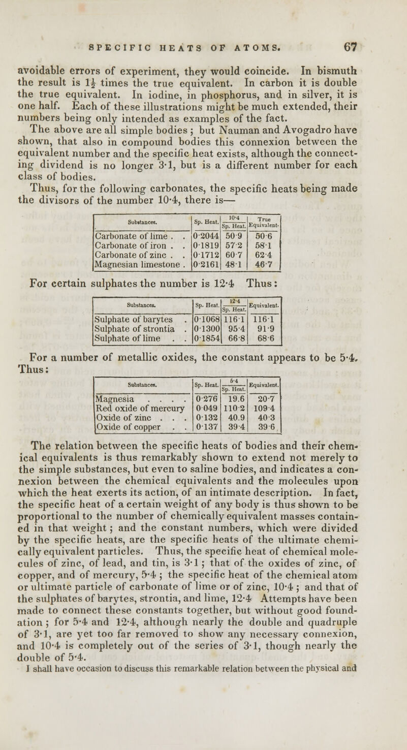 avoidable errors of experiment, they would coincide. In bismuth the result is 1£ times the true equivalent. In carbon it is double the true equivalent. In iodine, in phosphorus, and in silver, it is one half. Each of these illustrations might be much extended, their numbers being only intended as examples of the fact. The above are all simple bodies • but Nauman and Avogadro have shown, that also in compound bodies this connexion between the equivalent number and the specific heat exists, although the connect- ing dividend is no longer 3-1, but is a different number for each class of bodies. Thus, for the following carbonates, the specific heats being made the divisors of the number 10-4, there is— Substances. Sp. Heat. 10-4 Sp. Heat. True Equivalent- Carbonate of lime . . Carbonate of iron . . Carbonate of zinc . . Magnesian limestone . 0-2044 01819 01712 0-2161 509 572 607 481 50 6 581 62-4 467 For certain sulphates the number is 12-4 Thus: For a Thus: Substances. Sp. Heat. 124 Equivalent. 1161 91-9 68-6 Sp. Heat. Sulphate of barytes Sulphate of strontia . Sulphate of lime . . 01068 01300 01854 1161 95-4 66-8 number of metallic oxides, the constant appears to be 5-4. Substances. Sp. Heat. 6-4 Equivalent Sp. Heat. Magnesia .... Red oxide of mercury Oxide of zinc . . . Oxide of copper . . 0276 0049 0132 0137 19.6 110-2 40.9 39 4 207 1094 40-3 39 6 The relation between the specific heats of bodies and their chem- ical equivalents is thus remarkably shown to extend not merely to the simple substances, but even to saline bodies, and indicates a con- nexion between the chemical equivalents and the molecules upon which the heat exerts its action, of an intimate description. In fact, the specific heat of a certain weight of any body is thus shown to be proportional to the number of chemically equivalent masses contain- ed in that weight; and the constant numbers, which were divided by the specific heats, are the specific heats of the ultimate chemi- cally equivalent particles. Thus, the specific heat of chemical mole- cules of zinc, of lead, and tin, is 3'1; that of the oxides of zinc, of copper, and of mercury, 5*4 ; the specific heat of the chemical atom or ultimate particle of carbonate of lime or of zinc, 10-4 ; and that of the sulphates of barytes, strontia, and lime, 12#4 Attempts have been made to connect these constants together, but without good found- ation ; for 5*4 and 12-4, although nearly the double and quadruple of 3*1, are yet too far removed to show any necessary connexion, and 10*4 is completely out of the series of 3*1, though nearly the double of 5*4. I shall have occasion to discuss this remarkable relation between the physical and