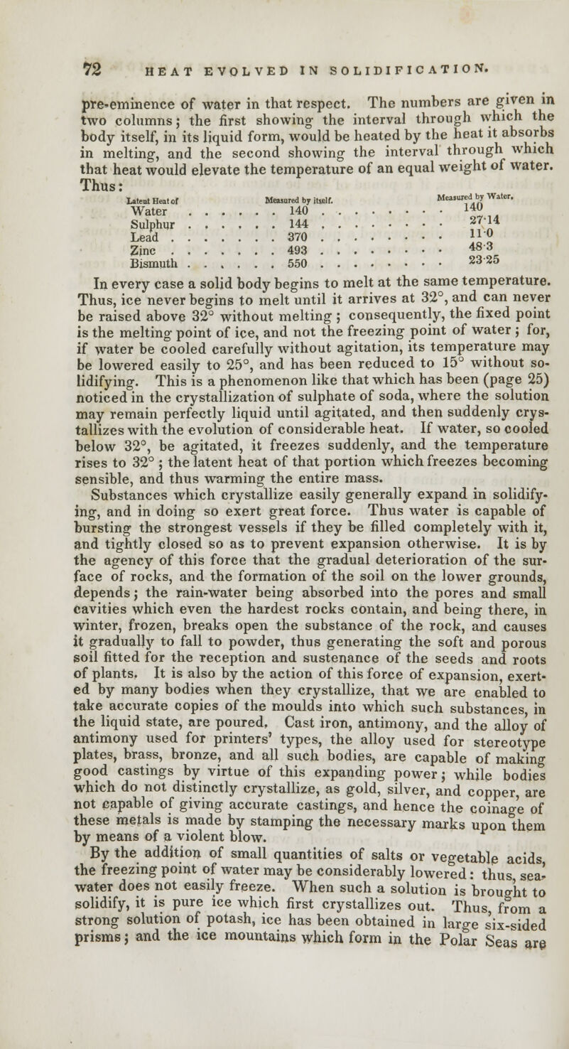 pre-eminence of water in that respect. The numbers are given in two columns; the first showing- the interval through which the body itself, in its liquid form, would be heated by the heat it absorbs in melting, and the second showing the interval through which that heat would elevate the temperature of an equal weight of water. Thus: Lateul Heat of Measured by itself. Measured by Water. Water 140 140 Sulphur 144 27'-!4 Lead 370 J*'0, Zinc 493 483 Bismuth 550 23'25 In every case a solid body begins to melt at the same temperature. Thus, ice never begins to melt until it arrives at 32°, and can never be raised above 32° without melting ; consequently, the fixed point is the melting point of ice, and not the freezing point of water ; for, if water be cooled carefully without agitation, its temperature may be lowered easily to 25°, and has been reduced to 15° without so- lidifying. This is a phenomenon like that which has been (page 25) noticed in the crystallization of sulphate of soda, where the solution may remain perfectly liquid until agitated, and then suddenly crys- tallizes with the evolution of considerable heat. If water, so cooled below 32°, be agitated, it freezes suddenly, and the temperature rises to 32° ; the latent heat of that portion which freezes becoming sensible, and thus warming the entire mass. Substances which crystallize easily generally expand in solidify- ing, and in doing so exert great force. Thus water is capable of bursting the strongest vessels if they be filled completely with it, and tightly closed so as to prevent expansion otherwise. It is by the agency of this force that the gradual deterioration of the sur- face of rocks, and the formation of the soil on the lower grounds, depends; the rain-water being absorbed into the pores and small cavities which even the hardest rocks contain, and being there, in winter, frozen, breaks open the substance of the rock, and causes it gradually to fall to powder, thus generating the soft and porous soil fitted for the reception and sustenance of the seeds and roots of plants, It is also by the action of this force of expansion exert- ed by many bodies when they crystallize, that we are enabled to take accurate copies of the moulds into which such substances in the liquid state, are poured, Cast iron, antimony, and the alloy of antimony used for printers' types, the alloy used for stereotype plates, brass, bronze, and all such bodies, are capable of making good castings by virtue of this expanding power; while bodies which do not distinctly crystallize, as gold, silver, and copper, are not capable of giving accurate castings, and hence the coinage of these metals is made by stamping the necessary marks upon them by means of a violent blow. By the addition of small quantities of salts or vegetable acids the freezing point of water may be considerably lowered: thus sea- water does not easily freeze. When such a solution is 'brought to solidify, it is pure ice which first crystallizes out. Thus, from a strong solution of potash, ice has been obtained in large six-sided prisms j and the ice mountains which form in the Polar Seas are