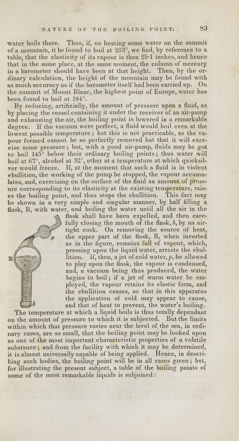 water boils there. Thus, if, on heating some water on the summit of a mountain, it be found to boil at 203°, we find, by reference to a table, that the elasticity of its vapour is then 25-1 inches, and hence that in the same place, at the same moment, the column of mercury in a barometer should have been at that height. Then, by the or- dinary calculation, the height of the mountain may be found Avith as much accuracy as if the barometer itself had been carried up. On the summit of Mount Blanc, the highest point of Europe, water has been found to boil at 184°. By reducing, artificially, the amount of pressure upon a fluid, as by placing the vessel containing it under the receiver of an air-pump and exhausting the air, the boiling point is lowered in a remarkable degree. If the vacuum were perfect, a fluid would boil even at the lowest possible temperature ; but this is not practicable, as the va- pour formed cannot be so perfectly removed but that it will exer- cise some pressure ; but, with a good air-pump, fluids may be got to boil 145° below their ordinary boiling points; thus water will boil at 67°, alcohol at 32°, ether at a temperature at which quicksil- ver would freeze. If, at the moment that such a fluid is in violent ebullition, the working of the pump be stopped, the vapour accumu- lates, and, exercising on the surface of the fluid an amount of press- ure corresponding to its elasticity at the existing temperature, rais- es the boiling point, and thus stops the ebullition. This fact may be shown in a very simple and singular manner, by half filling a flask, B, with water, and boiling the water until all the air in the flask shall have been expelled, and then care- fully closing the mouth of the flask, b, by an air- tight cork. On removing the source of heat, the upper part of the flask, B, when inverted as in the figure, remains full of vapour, which, pressing upon the liquid water, arrests the ebul- lition. If, then, a jet of cold water, p, be allowed to play upon the flask, the vapour is condensed, and, a vacuum being thus produced, the water begins to boil; if a jet of warm water be em- ployed, the vapour retains its elastic form, and the ebullition ceases, so that in this apparatus the application of cold may appear to cause, and that of heat to prevent, the water's boiling. The temperature at which a liquid boils is thus totally dependant on the amount of pressure to which it is subjected. But the limits within which that pressure varies near the level of the sea, in ordi- nary cases, are so small, that the boiling point may be looked upon as one of the most important characteristic properties of a volatile substance; and from the facility with which it may be determined, it is almost universally capable of being applied. Hence, in descri- bing such bodies, the boiling point will be in all cases given; but, for illustrating the present subject, a table of the boiling points of some of the most remarkable liquids is subjoined:
