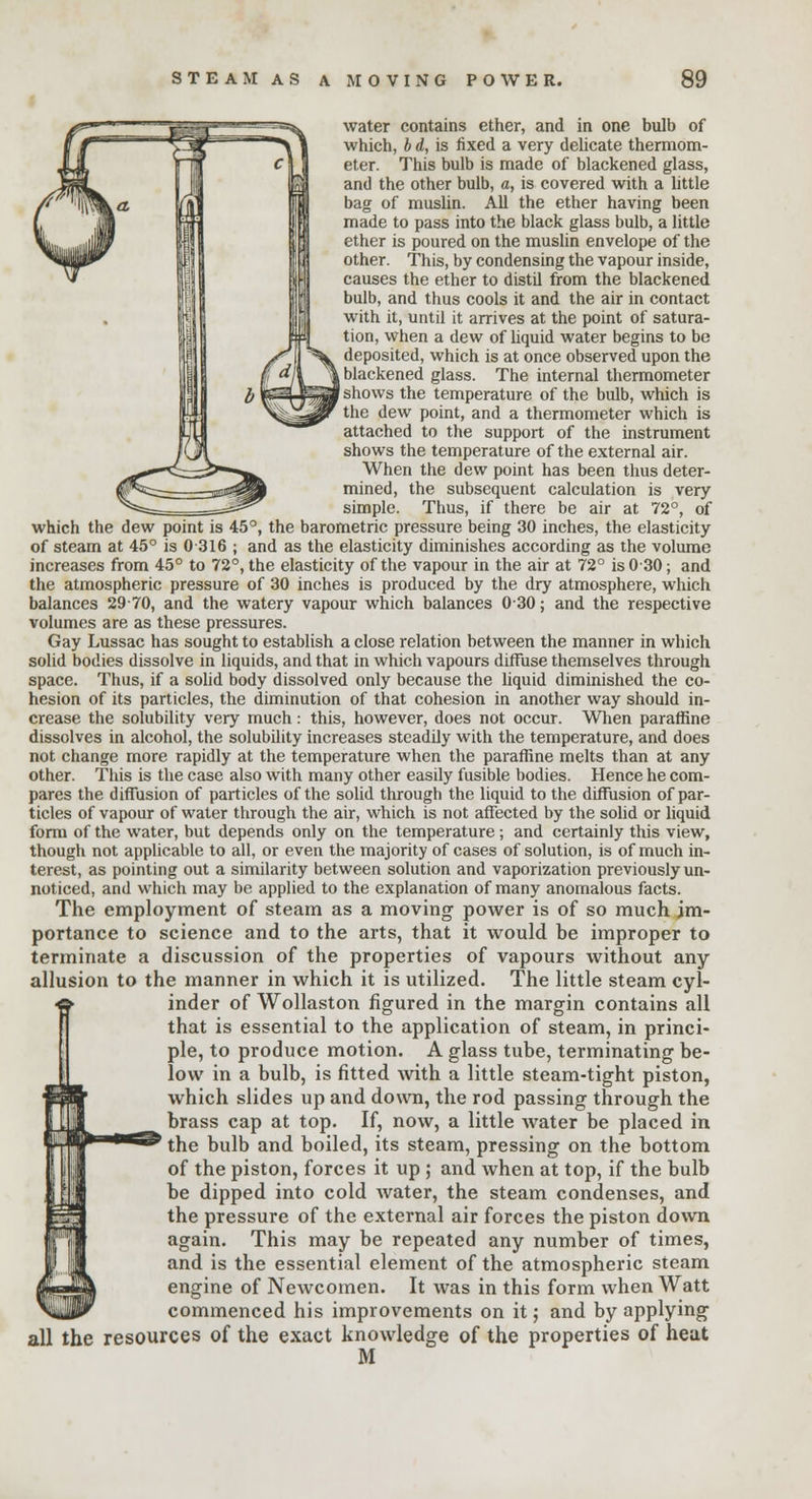 water contains ether, and in one bulb of which, b d, is fixed a very delicate thermom- eter. This bulb is made of blackened glass, and the other bulb, a, is covered with a little bag of muslin. All the ether having been made to pass into the black glass bulb, a little ether is poured on the muslin envelope of the other. This, by condensing the vapour inside, causes the ether to distd from the blackened bulb, and thus cools it and the air in contact with it, until it arrives at the point of satura- tion, when a dew of liquid water begins to be deposited, which is at once observed upon the blackened glass. The internal thermometer shows the temperature of the bulb, which is the dew point, and a thermometer which is attached to the support of the instrument shows the temperature of the external air. When the dew point has been thus deter- mined, the subsequent calculation is very simple. Thus, if there be air at 72°, of which the dew point is 45°, the barometric pressure being 30 inches, the elasticity of steam at 45° is 0 316 ; and as the elasticity diminishes according as the volume increases from 45° to 72°, the elasticity of the vapour in the air at 72° is 0-30; and the atmospheric pressure of 30 inches is produced by the dry atmosphere, which balances 29-70, and the watery vapour which balances 030; and the respective volumes are as these pressures. Gay Lussac has sought to establish a close relation between the manner in which solid bodies dissolve in liquids, and that in which vapours diffuse themselves through space. Thus, if a solid body dissolved only because the liquid diminished the co- hesion of its particles, the diminution of that cohesion in another way should in- crease the solubility very much: this, however, does not occur. When paraffine dissolves in alcohol, the solubility increases steadily with the temperature, and does not change more rapidly at the temperature when the paraffine melts than at any other. This is the case also with many other easily fusible bodies. Hence he com- pares the diffusion of particles of the solid through the liquid to the diffusion of par- ticles of vapour of water through the air, which is not affected by the solid or liquid form of the water, but depends only on the temperature; and certainly this view, though not applicable to all, or even the majority of cases of solution, is of much in- terest, as pointing out a similarity between solution and vaporization previously un- noticed, and which may be applied to the explanation of many anomalous facts. The employment of steam as a moving power is of so much im- portance to science and to the arts, that it would be improper to terminate a discussion of the properties of vapours without any allusion to the manner in which it is utilized. The little steam cyl- inder of Wollaston figured in the margin contains all that is essential to the application of steam, in princi- ple, to produce motion. A glass tube, terminating be- low in a bulb, is fitted with a little steam-tight piston, which slides up and down, the rod passing through the brass cap at top. If, now, a little water be placed in the bulb and boiled, its steam, pressing on the bottom of the piston, forces it up ; and when at top, if the bulb be dipped into cold water, the steam condenses, and the pressure of the external air forces the piston down again. This may be repeated any number of times, and is the essential element of the atmospheric steam engine of Newcomen. It was in this form when Watt commenced his improvements on it; and by applying all the resources of the exact knowledge of the properties of heat M