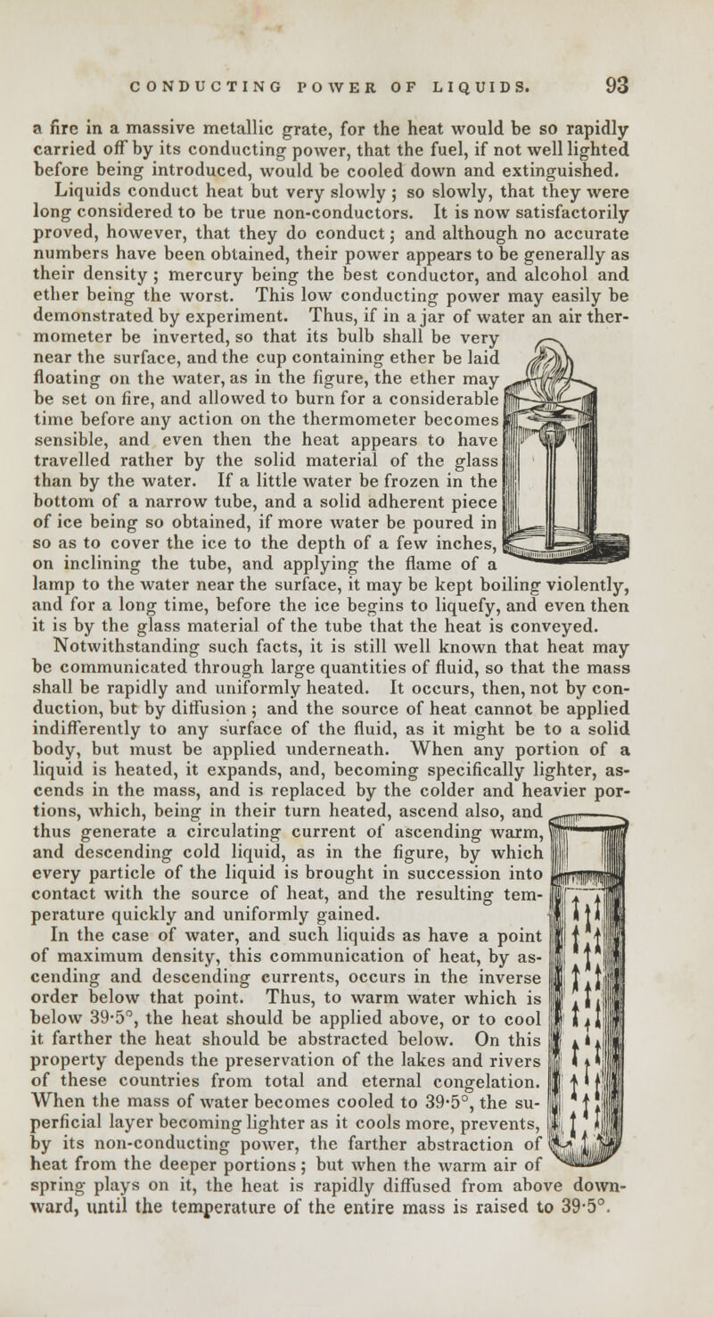 a fire in a massive metallic grate, for the heat would be so rapidly carried off by its conducting power, that the fuel, if not well lighted before being introduced, would be cooled down and extinguished. Liquids conduct heat but very slowly ; so slowly, that they were long considered to be true non-conductors. It is now satisfactorily proved, however, that they do conduct; and although no accurate numbers have been obtained, their power appears to be generally as their density ; mercury being the best conductor, and alcohol and ether being the worst. This low conducting power may easily be demonstrated by experiment. Thus, if in ajar of water an air ther- mometer be inverted, so that its bulb shall be very near the surface, and the cup containing ether be laid floating on the water, as in the figure, the ether may be set on fire, and allowed to burn for a considerable time before any action on the thermometer becomes sensible, and even then the heat appears to have travelled rather by the solid material of the glass than by the water. If a little water be frozen in the bottom of a narrow tube, and a solid adherent piece of ice being so obtained, if more water be poured in so as to cover the ice to the depth of a few inches, on inclining the tube, and applying the flame of a lamp to the water near the surface, it may be kept boiling violently, and for a long time, before the ice begins to liquefy, and even then it is by the glass material of the tube that the heat is conveyed. Notwithstanding such facts, it is still well known that heat may be communicated through large quantities of fluid, so that the mass shall be rapidly and uniformly heated. It occurs, then, not by con- duction, but by ditfusion ; and the source of heat cannot be applied indifferently to any surface of the fluid, as it might be to a solid body, but must be applied underneath. When any portion of a liquid is heated, it expands, and, becoming specifically lighter, as- cends in the mass, and is replaced by the colder and heavier por- tions, which, being in their turn heated, ascend also, and thus generate a circulating current of ascending warm, and descending cold liquid, as in the figure, by which every particle of the liquid is brought in succession into contact with the source of heat, and the resulting tem- perature quickly and uniformly gained. In the case of water, and such liquids as have a point of maximum density, this communication of heat, by as- cending and descending currents, occurs in the inverse order below that point. Thus, to warm water which is below 39-5°, the heat should be applied above, or to cool it farther the heat should be abstracted below. On this property depends the preservation of the lakes and rivers of these countries from total and eternal congelation. When the mass of water becomes cooled to 39*5°, the su- perficial layer becoming lighter as it cools more, prevents, by its non-conducting power, the farther abstraction of heat from the deeper portions; but when the warm air of spring plays on it, the heat is rapidly diffused from above down- ward, until the temperature of the entire mass is raised to 39-5°. lit 111 111 i! til