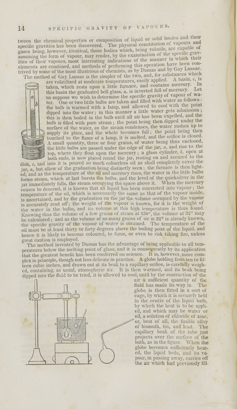 tvveen the chemical properties or composition of hquid o-'.fo ''^''*^'^4;^s and specific gravities has been discovered. The physical constitution ot vapours ana gases being, however, identical, those bodies which, being volatile are capf i!^^;. assuming the form of vapour, may render, by the examination of the &i't:C ^c grav ities of their vapours, most interesting indications of the manner in \\ men meir elements are combined, and methods of performing this operation I'a^e Decn con- trived by some of the most illustrious of chemists, as by Dumas and by ^^^ ^^J^'T The method of Gay Lussac is the simpler of the two, and, for substances wmen are volatilized at moderate temperatures, easily applied. A Dasm, c, is taken, which rests upon a little furnace, and contains mercury, in this basin the graduated bell glass, a, is inverted full ot mercury. i.ei us suppose we wish to determine the specific gravity of vapour ot wa- ter. One or two little bulbs are taken and filled with water as follow s : the bulb is warmed with a lamp, and aUowed to cool with the point dipped into the water; in this manner a little water gets admission ; this is then boiled in the bulb until all air has been expelled, and the bulb is filled with pure steam; the point being then dipped under tne surface of the water, as the steam condenses, the water rushes up to supply its place, and the whole becomes full; the point being then touched to the flame of a lamp, it is melted, and the orifice is c osed. A small quantity, three or four grains, of water being thus enclosed, the little bulbs are passed under the edge of the jar, a, and rise to the top, where they float upon the mercury; a glass cylinder, h, open at ^.™—^ both ends, is now placed round the jar, resting on and secured to the dish, c, and into it is poured so much colourless oil as shall completely cover the jar, a,'but allow of the graduation being distinctly seen ; the furnace is then light- ed,'and as the temperature of the oil and mercury rises, the water in the little bulbs forms steam, which at last bursts the bulbs, and the level of the quicksilver in the jar immediately falls, the steam occupying the space above it. When the mercury ceases to descend, it is known that all liquid has been converted into vapour; the temperature of the oil, which is necessarily the same as that of the vapour inside, is ascertained, and by the graduation on the jar the volume occupied by the vapour is accurately read off; the wciglit of the vapour is known, for it is the weight of tlie water in the bulbs, and its volume at this high temperature is thus found. Knowing thus the volume of a few grains of steam at ^50^, the volume at 32° may- be calcutated ; and as the volume of so many grains of ah- at 32° is already known, the specific gravity of the vapour of water is obtained. The temperature of the oil must be at least thirty or forty degrees above the boihng point of the liquid, and hence it is likely to become coloured, to fume, or even to risk taking fire, unless great caution is employed. The method invented by Dumas has the advantage of being applicable to all tem- peratures below the melting point of glass, and it is consequently by its application that the greatest benefit has been conferred on science. It is, however, more com- plex in principle, though not less delicate in practice. A globe holding from ten to fif- teen cubic inches, and drawn out at its beak to a capillary orifice, is carefully weigh- ed, containing, as usual, atmospheric air. It is then warmed, and its beak being dipped into the fluid to be tried, it is allowed to cool, until by the contraction of the air a sufficient quantity of the fluid has made its May in. The globe is then fitted in a sort of cage, by which it is securely held in the centre of the liquid bath, by which the heat is to be appli- ed, and which may be water or oil, a solution of chloride of zinc, or, best of all, the fusible alloy of bismuth, tin, and lead. The capillary beak of the tube just projects over the surface of the bath, as in the figure. When the globe becomes sufficiently heat- ed, the liquid boils, and its va- pour, in passing away, carries off the air which had previously fill-