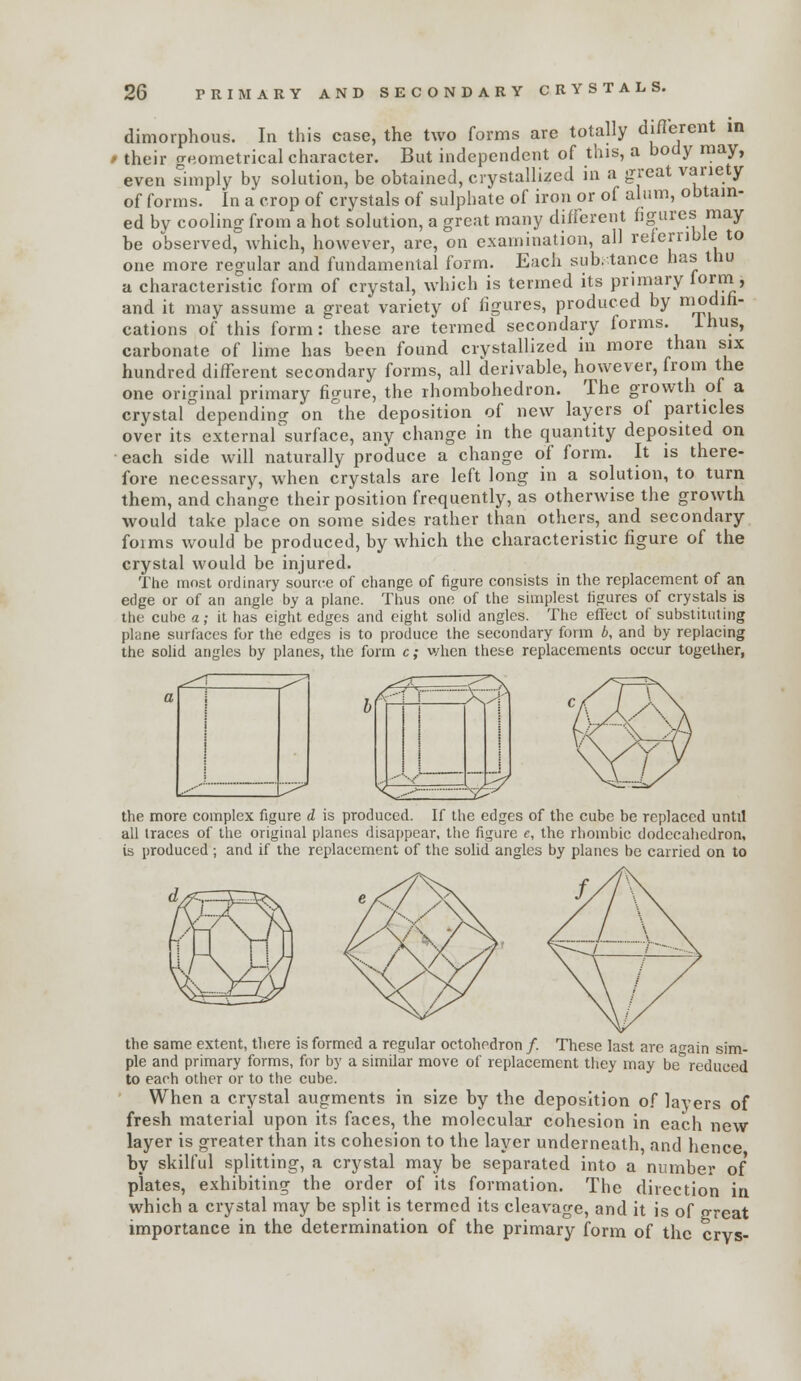 dimorphous. In this case, the two forms are totally diflerent in / their geometrical character. But independent of this, a body may, eve offo n I'imply by solution, be obtained, crystallized in a great variety „. .orms. In a crop of crystals of sulphate of iron or of ahim, obtain- ed by cooling from a hot solution, a great many different figures may be observed, which, however, are, on examination, all reierrible to one more regular and fundamental form. Each sub. tancc has thu a characteristic form of crystal, which is termed its primary lorm, and it may assume a great variety of figures, produced by modih- cations of this form: these are termed secondary forms, ihus, carbonate of lime has been found crystallized in more than six hundred different secondary forms, all derivable, however, from the one original primary figure, the rhombohedron. The growth of a crystal depending on the deposition of new layers of particles over its external surface, any change in the quantity deposited on each side will naturally produce a change of form. It is there- fore necessary, when crystals are left long in a solution, to turn them, and change their position frequently, as otherwise the growth would take place on some sides rather than others, and secondary foims would be produced, by which the characteristic figure of the crystal would be injured. The most ordinary source of change of figure consists in the replacement of an edge or of an angle by a plane. Thus one of the simplest figures of crystals is the cube a; it has eight edges and eight solid angles. The effect of substituting plane surfaces for the edges is to produce the secondary form 6, and by replacing the solid angles by planes, the form c; when these replacements occur together, ^^ ^^ .^ -?. ^ 'N h <■■■■< \ - x->\ -•' \^ ,--■' ^ •^. ■^ the more complex figure d is produced. If the edges of the cube be replaced until all traces of the original planes disappear, the figure c, the rhombic dodecahedron, is produced ; and if the replacement of the solid angles by planes be carried on to the same extent, there is formed a regular octohodron /. These last are afrain sim- ple and primary forms, for by a similar move of replacement they may bereduced to each other or to the cube. When a crystal augments in size by the deposition of layers of fresh material upon its faces, the molecular cohesion in each new layer is greater than its cohesion to the layer underneath, and hence by skilful splitting, a crystal may be separated into a number of plates, exhibiting the order of its formation. The direction in which a crystal may be split is termed its cleavage, and it is of great importance in the determination of the primary form of the crvs-