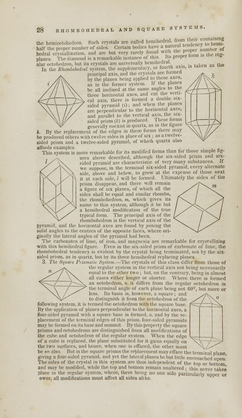 the hemioctohedron. Such crj'stals are called l^^n^il'^^ral f.;om tljeir c^^^ half the proper number of sides. Certain bodies have a natu al t^'^^^^^^ ^f hedral c/yslallization, and are but very rarely found with ^^^^ll^mTslo reg- planes. The diamond is a remarkable instance of this. Its proper loim is refe tdar octohedron, but its crystals are universally hemihcdral. In the Rhomhohcdral system, the supplementary, or fouriu axis, principal axis, and the crystals are lormea by the planes being applied to tiicse axes, as in the former system. If the planes be all inclined at the same angles to the three horizontal axes, and cut the verti- cal axis, there is formed a double six- sided pyramid (j); and when the planes are perpendicular to the horizontal axes, and parallel to the vertical axis, the six- sided prism (A) is produced. These forms generally coexist in quartz, as in the figure h By the replacement of the edges in these forms there may be produced others with twelve sides in place of six ; as a twelve- sided prism and a twelve-sided pyramid, of which quartz also affords examples. , z- , • i <; This system is more remarkable for its modified forms than for those simp e fig- ures above described, although the six-sided prism and six- sided pyramid are characteristic of very many substances. If we suppose, in the terminal six-sided pyramid, every alternate side, above and below, to grow at the expense of those next it at each side, / will be formed. Ultimately the sides of the prism disappear, and there vvill remain a figure of six planes, of which all the sides shall be equal and similar rhombs, the rhombohedron, m, which gives its name to this system, although it be but a hemihedral modification of the true typical form. The principal axis of the rhombohedron is the vertical axis of the pyramid, and the horizontal axes are found by joining the solid angles to the centres of the opposite faces, where ori- ginally the lateral angles of the pyramid had been. The carbonates of lime, of iron, and magnesia are remarkable for crystallizing with this hemihedral figure. Even in the six-sided prism of carbonate of lime, the rhombohedral tendency is evident by the crystal being terminated, not by the six- sided prism, as in quartz, but by its three hemihedral replacing planes. 3. The Square Prismatic Systerti.—The crystals of this class differ from those of the regular system in the vertical axis not being necessarily equal to the other two ; but, on the contrary, being in cilmost all cases either longer or shorter. Where there is formed an octohedron, n. it differs from the regular octohedron in the terminal angle of each plane being not 60°, but more or less. Its basis is, however, a square; and to distinguish it from the octohedron of the following system, it is termed the octohedron with the square base. By the application of planes perpendicular to the horizontal axes, a four-sided pyramid with a square base is formed, o, and by the re- placement of the terminal edges of this prism, four-sided pyramids may be formed on its base and summit. By this property the square prisms and octohedrons are distinguished from all modifications of the cube and octohedron of the regular system. When the edge of a cube is replaced, the plane substituted for it gains equally on the two surfaces, and hence, when one is effaced, the other must be so also. But in the square prisms the re])lacement may efface the terminal plane, giving a four-sided pyramid, and yet the lateral planes be but little encroached upon' The sides of the ciystal in this system are thus independent of the top or bottom and may be modified, while the top and bottom remain unaltered ; this never takes place in the regular system, where, there being no one side particularly upper or ower, all modifications must affect all sides alike.