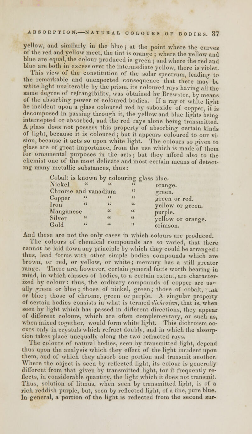 yellow, and similarly in the blue ; at the point where the curves of the red and yellow meet, the tint is orange ; where the yellow and blue are equal, the colour produced is green ; and where the red and blue are both in excess over the intermediate yellow, there is violet. This view of the constitution of the solar spectrum, leading to the remarkable and unexpected consequence that there may be white light unalterable by the prism, its coloured rays having all the same degree of refrangibility, was obtained by Brewster, by means of the absorbing power of coloured bodies. If a ray of white light be incident upon a glass coloured red by suboxide of copper, it is decomposed in passing through it, the yellow and blue lights being intercepted or absorbed, and the red rays alone being transmitted. A glass does not possess this property of absorbing certain kinds of light,.because it is coloured; but it appears coloured to our vi- sion, because it acts so upon white light. The colours so given to glass are of great importance, from the use which is made of them for ornamental purposes in the arts; but they afford also to the chemist one of the most delicate and most certain means of detect- ing many metallic substances, thus: Cobalt is known by colouring glass blue. Nickel   » orange. Chrome and vanadium  green. Copper    green or red. Iron    yellow or green. Manganese   purple. Silver    yellow or orange. Gold crimson. And these are not the only cases in which colours are produced. The colours of chemical compounds are so varied, that there cannot be laid down any principle by which they could be arrano-ed : thus, lead forms with other simple bodies compounds which are brown, or red, or yellow, or white; mercurj^ has a still greater range. There are, however, certain general facts worth bearing in mind, in which classes of bodies, to a certain extent, are character- ized by colour: thus, the ordinary compounds of copper are usi' ally green or blue ; those of nickel, green; those of cobalt, ^ .iik or blue ; those of chrome, green or purple. A singular property of certain bodies consists in what is termed dichroism^ that is, when seen by light which has passed in different directions, they appear of different colours, which are often complementary, or such as, when mixed together, would form white light. This dichroism oc- curs only in crystals which refract doubly, and in which the absorp- tion takes place unequally along the two refracted rays. The colours of natural bodies, seen by transmitted light, depend thus upon the analysis which they effect of the light incident upon them, and of which they absorb one portion and transmit another. Where the object is seen by reflected light, its colour is generally different from that given by transmitted light, for it frequently re- flects, in considerable quantity, the light which it does not transmit. Thus, solution of litmus, when seen by transmitted light, is of a rich reddish purple, but, seen by reflected light, of a fine, pure blue. In general, a portion of the light is reflected from the second sur-