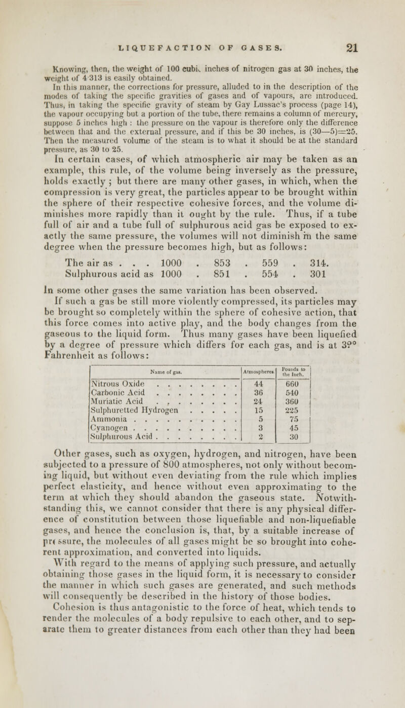 Knowing, then, the weight of 100 cubk inches of nitrogen gas at 30 inches, the weight of 4 313 is easily obtained. In tins manner, the corrections for pressure, alluded to in the description of the modes of taking the specific gravities of gases and of vapours, are introduced. Tims, in taking the specific gravity of steam by Gay Lussac's process (page 14), the vapour occupying but a portion of the tube, there remains a column of mercury, suppose 5 inches high : the pressure on the vapour is therefore only the difference between that and the external pressure, and if this be 30 inches, is (30—5)=25. Then the measured volume of the steam is to what it should be at the standard pressure, as 30 to 25. In certain cases, of which atmospheric air may be taken as an example, this rule, of the volume being inversely as the pressure, holds exactly ; but there are many other gases, in which, when the compression is very great, the particles appear to be brought within the sphere of their respective cohesive forces, and the volume di- minishes more rapidly than it ought by the rule. Thus, if a tube full of air and a tube full of sulphurous acid gas be exposed to ex- actly the same pressure, the volumes will not diminish m the same degree when the pressure becomes high, but as follows: The air as . . . 1000 . 853 . 559 . 314. Sulphurous acid as 1000 . 851 . 554 . 301 In some other gases the same variation has been observed. If such a gas be still more violently compressed, its particles may be brought so completely within the sphere of cohesive action, that ?liis force comes into active play, and the body changes from the gaseous to the liquid form. Thus many gases have been liquefied by a degree of pressure which differs for each gas, and is at 3?° Fahrenheit as follows: Name of gat. Nitrous Oxide . . . Carbonic Acid . . . Muriatic Acid . . . Sulphuretted Hydrogen Ammonia Cyanogen Sulphurous Acid . . . 44 36 24 15 5 3 2 660 540 360 225 75 45 30 Other gases, such as oxygen, hydrogen, and nitrogen, have been subjected to a pressure of 800 atmospheres, not only without becom- ing liquid, but without even deviating from the rule which implies perfect elasticity, and hence without even approximating to the term at which they should abandon the gaseous state. Notwith- standing this, we cannot consider that there is any physical differ- ence of constitution between those liquefiable and non-liquefiable gases, and hence the conclusion is, that, by a suitable increase of pr< ssurc, the molecules of all gases might be so brought into cohe- rent approximation, and converted into liquids. With regard to the means of applying such pressure, and actually obtaining those gases in the liquid form, it is necessary to consider the manner in which such gases are generated, and such methods will consequently be described in the history of those bodies. Cohesion is thus antagonistic to the force o( heat, which tends to render the molecules of a body repulsive to each other, and to sep- arate them to greater distances from each other than they had been