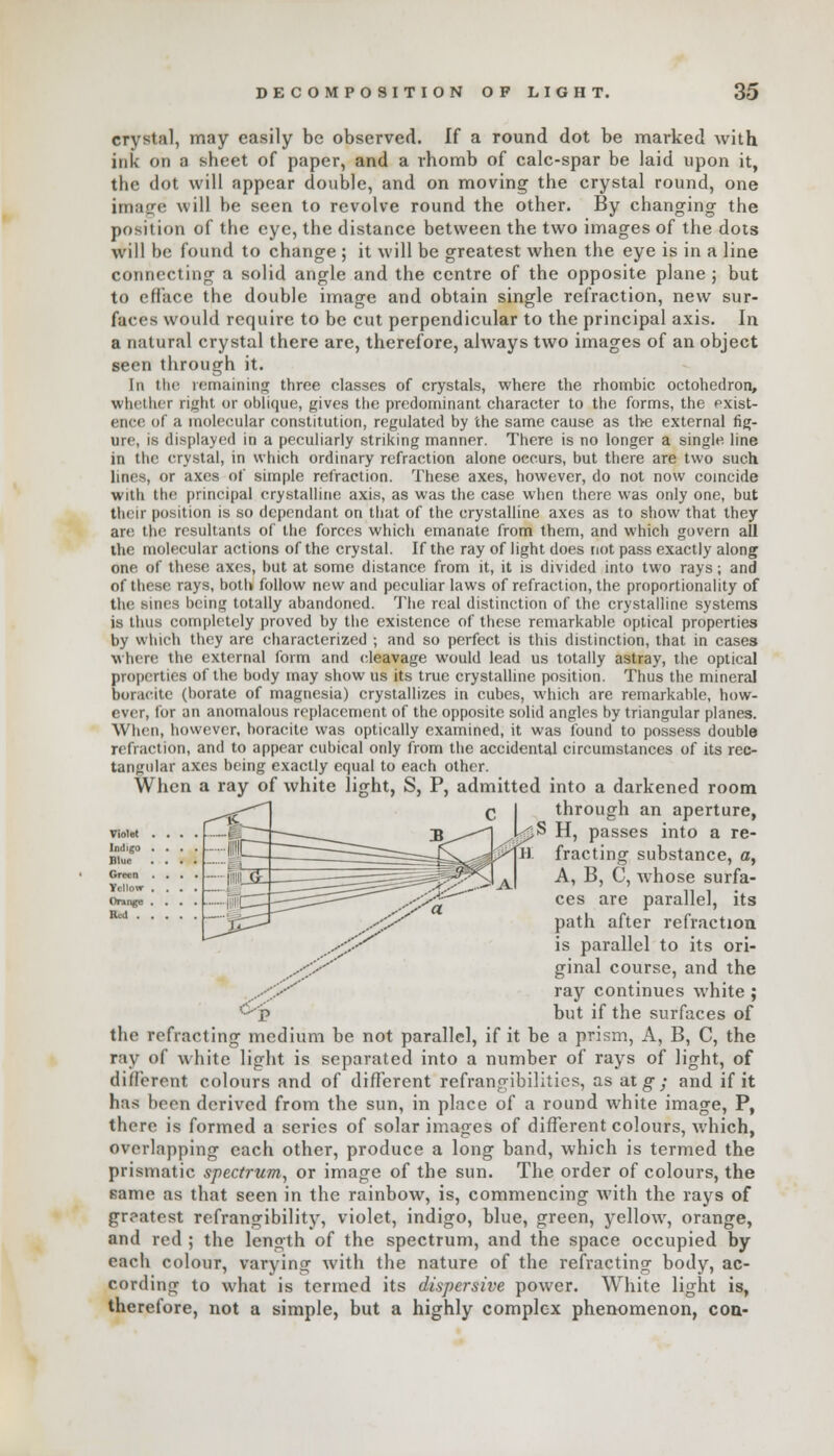 crystal, may easily be observed. If a round dot be marked with ink on a sheet of paper, and a rhomb of calc-spar be laid upon it, the dot will appear double, and on moving the crystal round, one image will be seen to revolve round the other. By changing the position of the eye, the distance between the two images of the dots will be found to change ; it will be greatest when the eye is in a line connecting a solid angle and the centre of the opposite plane ; but to efface the double image and obtain single refraction, new sur- faces would require to be cut perpendicular to the principal axis. In a natural crystal there are, therefore, always two images of an object seen through it. In the remaining three classes of crystals, where the rhombic octohedron, whether right or oblique, gives the predominant character to the forms, the exist- ence of a molecular constitution, regulated by the same cause as the external fig- ure, is displayed in a peculiarly striking manner. There is no longer a single line in the crystal, in which ordinary refraction alone occurs, but there are two such lines, or axes of simple refraction. These axes, however, do not now coincide with the principal crystalline axis, as was the case when there was only one, but their position is so dependant on that of the crystalline axes as to show that they arc the resultants of the forces which emanate from them, and which govern all the molecular actions of the crystal. If the ray of light does not pass exactly along one of these axes, but at some distance from it, it is divided into two rays; and of these rays, both follow new and peculiar laws of refraction, the proportionality of the sines being totally abandoned. The real distinction of the crystalline systems is thus completely proved by the existence of these remarkable optical properties by which they are characterized ; and so perfect is this distinction, that in cases where the external form and cleavage would lead us totally astray, the optical properties of the body may show us its true crystalline position. Thus the mineral boracite (borate of magnesia) crystallizes in cubes, which are remarkable, how- ever, for an anomalous replacement of the opposite solid angles by triangular planes. When, however, boracite was optically examined, it was found to possess double refraction, and to appear cubical only from the accidental circumstances of its rec- tangular axes being exactly equal to each other. When a ray of white light, S, P, admitted into a darkened room c I through an aperture, S H, passes into a re- fracting substance, a, A, B, C, whose surfa- ces are parallel, its path after refraction is parallel to its ori- ginal course, and the ray continues white ; but if the surfaces of Violet Indigo Blue Green Yellow Orange IUil . the refracting medium be not parallel, if it be a prism, A, B, C, the ray of white light is separated into a number of rays of light, of different colours and of different refrangibilitics, as atg-; and if it has been derived from the sun, in place of a round white image, P, there is formed a series of solar images of different colours, which, overlapping each other, produce a long band, which is termed the prismatic spectrum, or image of the sun. The order of colours, the same as that seen in the rainbow, is, commencing with the rays of greatest refrangibility, violet, indigo, blue, green, yellow, orange, and red ; the length o( the spectrum, and the space occupied by each colour, varying with the nature of the refracting body, ac- cording to what is termed its dispersive power. White light is, therefore, not a simple, but a highly complex phenomenon, con-