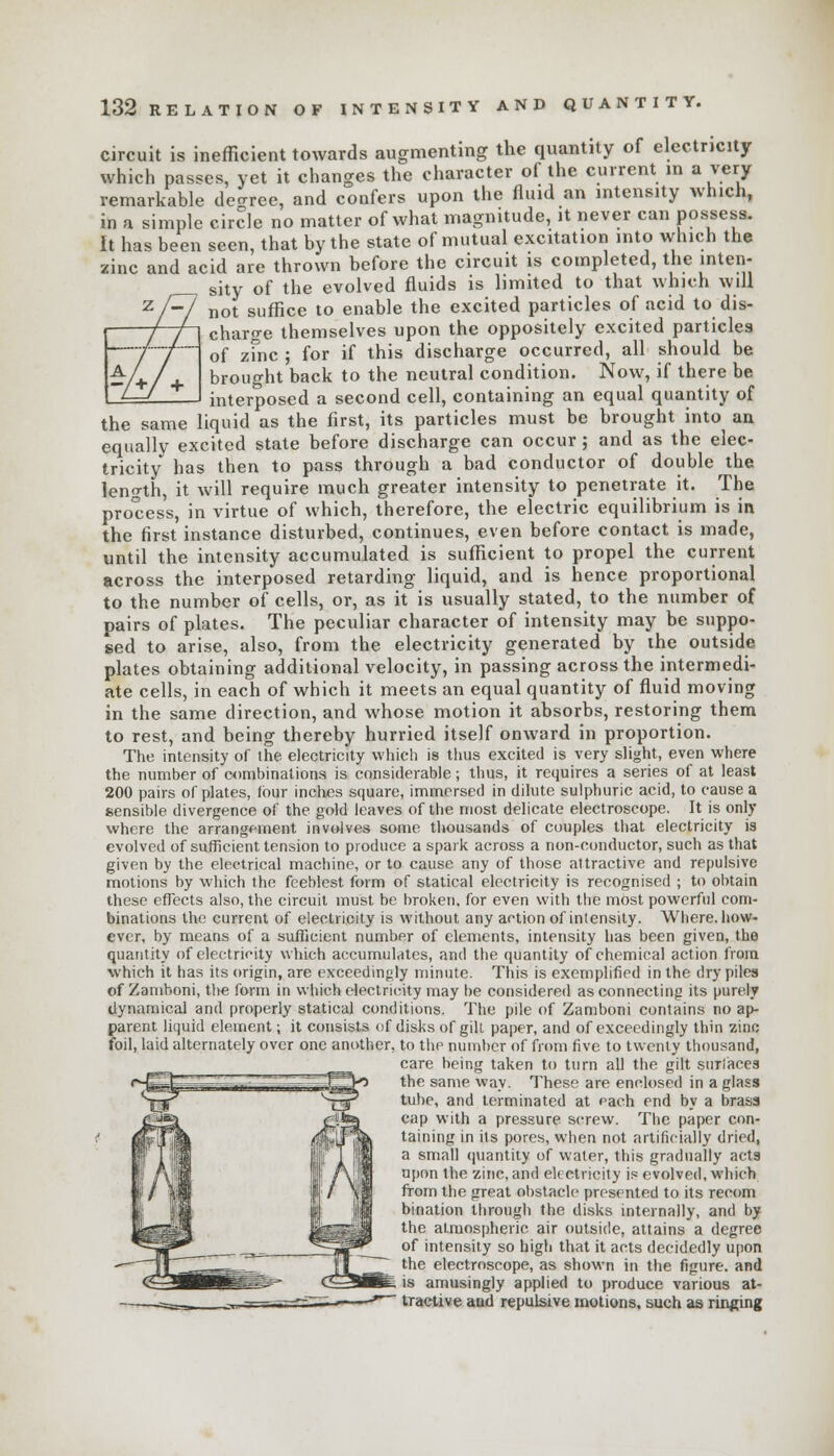 Circuit is inefficient towards augmenting the quantity of electricity which passes, yet it changes the character of the current in a very remarkable decree, and confers upon the fluid an intensity which, in a simple circle no matter of what magnitude, it never can possess. It has been seen, that by the state of mutual excitation into which the zinc and acid are thrown before the circuit is completed, the inten- sity 0f the evolved fluids is limited to that which will /-/ not suffice to enable the excited particles of acid to dis- charge themselves upon the oppositely excited particles of zinc ; for if this discharge occurred, all should be brought back to the neutral condition. Now, if there be ' interposed a second cell, containing an equal quantity of the same liquid as the first, its particles must be brought into an equally excited state before discharge can occur ; and as the elec- tricity has then to pass through a bad conductor of double the length, it will require much greater intensity to penetrate it. The process, in virtue of which, therefore, the electric equilibrium is in the first instance disturbed, continues, even before contact is made, until the intensity accumulated is sufficient to propel the current across the interposed retarding liquid, and is hence proportional to the number of cells, or, as it is usually stated, to the number of pairs of plates. The peculiar character of intensity may be suppo- sed to arise, also, from the electricity generated by the outside plates obtaining additional velocity, in passing across the intermedi- ate cells, in each of which it meets an equal quantity of fluid moving in the same direction, and whose motion it absorbs, restoring them to rest, and being thereby hurried itself onward in proportion. The intensity of the electricity which is thus excited is very slight, even where the number of combinations is considerable; thus, it requires a series of at least 200 pairs of plates, four inches square, immersed in dilute sulphuric acid, to cause a sensible divergence of the gold leaves of the most delicate electroscope. It is only where the arrangement involves some thousands of couples that electricity ia evolved of sufficient tension to produce a spark across a non-conductor, such as that given by the electrical machine, or to cause any of those attractive and repulsive motions by which the feeblest form of statical electricity is recognised ; to obtain these effects also, the circuit must be broken, for even with the most powerful com- binations the current of electricity is without any action of intensity. Where, how- ever, by means of a sufficient number of elements, intensity has been given, the quantity of electricity which accumulates, and the quantity of chemical action from which it has its origin, are exceedingly minute. This is exemplified in the dry piles of Zamboni, the form in which electricity may be considered as connecting its purely dynamical and properly statical conditions. The pile of Zamboni contains no ap- parent liquid element; it consists of disks of gilt paper, and of exceedingly thin zinc, foil, laid alternately over one another, to the number of from five to twenty thousand, care being taken to turn all the gilt surfaces the same way. These are enclosed in a glass tube, and terminated at each end by a brass cap with a pressure screw. The paper con- taining in its pores, when not artificially dried, a small quantity of water, this gradually acta upon the zinc, and electricity ifi evolved, which from the great obstacle presented to its recom bination through the disks internally, and by the atmospheric air outside, attains a degree of intensity so high that it acts decidedly upon the electroscope, as shown in the figure, and is amusingly applied to produce various at- tractive and repulsive motions, such as ringing