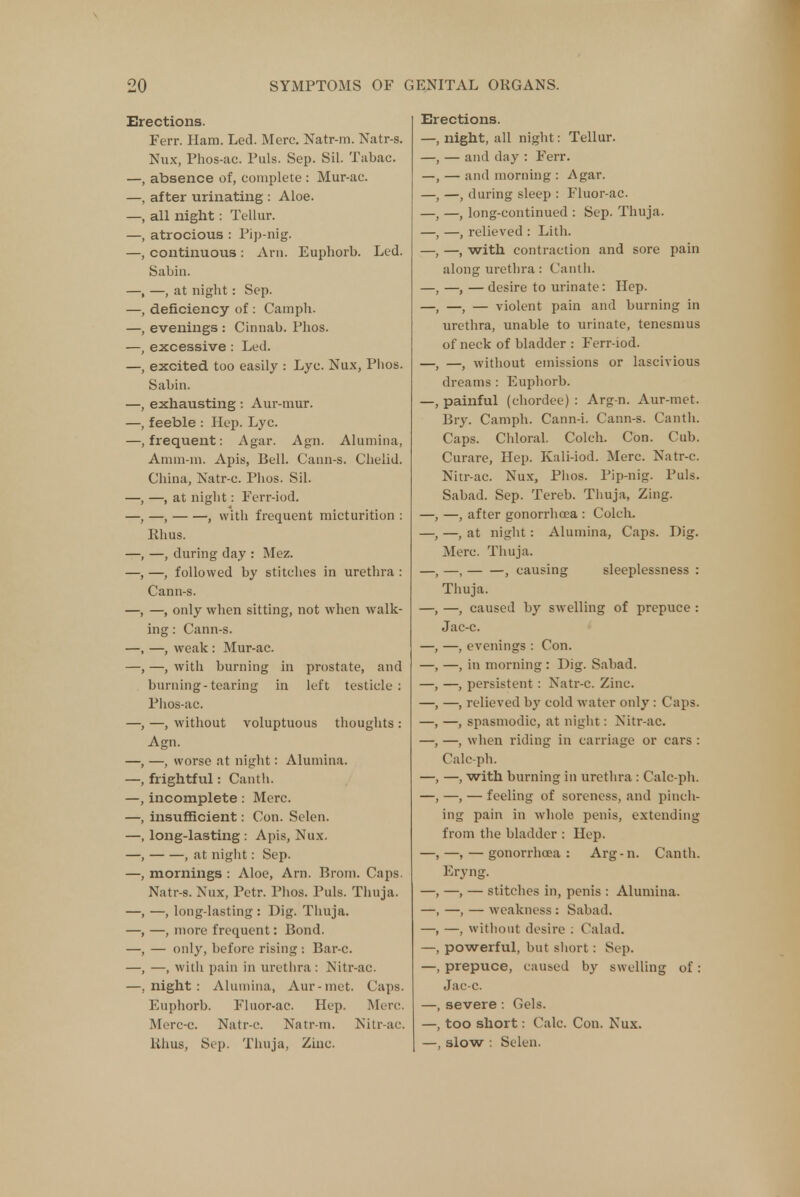 Erections. Ferr. Ham. Led. Merc. Natr-m. Natr-s. Nux, Phos-ac. Puis. Sep. Sil. Tabac. absence of, complete : Mur-ac. after urinating : Aloe, all night: Tellur. atrocious : Pip-nig. continuous: Arn. Euphorb. Led. Sabin. —, at night: Sep. deficiency of: Camph. evenings : Cinnab. Phos. excessive : Led. excited too easily : Lyc. Nux, Plios. Sabin. exhausting : Aur-inur. feeble : Hep. Lyc. frequent: Agar. Agn. Alumina, Amm-m. Apis, Bell. Cann-s. Chelid. China, Natr-c. Phos. Sil. at night: Ferr-iod. —, , with frequent micturition : Rhus. —, during day : Mez. —, followed by stitches in urethra : Cann-s. -, only when sitting, not when walk- g: Cann-s. -, weak: Mur-ac. —, with burning ir burning-tearing in Phos-ac. —, without voluptuous Agn. —, worse at night: Alumina, frightful: Canth. incomplete: Merc, insufficient: Con. Selon. long-lasting: Apis, Nux. , at night: Sep. mornings : Aloe, Arn. Brom. Caps. Natr-s. Nux, Petr. Phos. Puis. Thuja. —, long-lasting : Dig. Thuja. —, more frequent: Bond. — only, before rising : Bar-c. —, with pain in urethra: Nitr-ac. —.night: Alumina, Aur-met. Caps. Euphorb. Fluor-ae. Hep. Merc. Merc-c. Natr-c. Natr-m. Nitr-ac. Rhus, Sep. Thuja, Zinc. prostate, and left testicle : thoughts : Erections. —, night, all night: Tellur. —, — and day : Ferr. —, — and morning : Agar. —, —, during sleep : Fluor-ac. —, —, long-continued : Sep. Thuja. —, —, relieved : Lith. —, —, with contraction and sore pain along urethra: Canth. —, —, — desire to urinate: Hep. —, —, — violent pain and burning in urethra, unable to urinate, tenesmus of neck of bladder : Ferr-iod. —, —, without emissions or lascivious dreams : Euphorb. —, painful (chordee) : Arg-n. Aur-met. Bry. Camph. Cann-i. Cann-s. Canth. Caps. Chloral. Colch. Con. Cub. Curare, Hep. Kali-iod. Merc. Natr-c. Nitr-ac. Nux, Phos. Pip-nig. Puis. Sabad. Sep. Tereb. Thuja, Zing. —, —, after gonorrhoea : Colch. —, —, at night: Alumina, Caps. Dig. Merc. Thuja. —, —, , causing sleeplessness : Thuja. —, —, caused by swelling of prepuce : Jac-c. —, —, evenings : Con. —, —, in morning : Dig. Sabad. —, —, persistent : Natr-c. Zinc. —, —, relieved by cold water only : Caps. —, —, spasmodic, at night: Nitr-ac. —, —, when riding in carriage or cars : Calc-ph. —, —, with burning in urethra : Calc-ph. —, —, — feeling of soreness, and pinch- ing pain in whole penis, extending from the bladder : Hep. —,—, — gonorrhoea: Arg-n. Canth. Eryng. —, —, — stitches in, penis : Alumina. —, —, — weakness : Sabad. —, —, without desire : Calad. —, powerful, but short: Sep. —, prepuce, caused by swelling of: Jac-c. —, severe : Gels. —, too short: Calc. Con. Nux. —, slow : Selen.