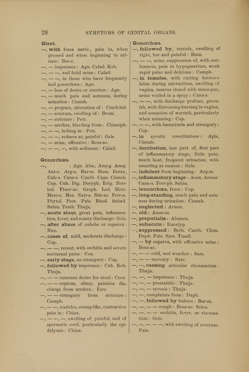 Gleet. —, with fossa navic, pain in, when pressed and when beginning to uri- nate : Bar-c. — impotence : Agn. Calad. Koh. , and fetid urine : Calad. , in those who have frequently had gonorrhoea: Agn. — loss of desire or erection : Agn. — much pain and soreness, during urination : Cinnab. — prepuce, ulceration of : Cinch-bol. — scrotum, swelling of : Brom. — stricture: Petr. — urethra, bleeding from : Chimoph. , itching in : Petr. , redness at, painful: Gels. — urine, offensive : Benz-ac. , —, with sediment: Calad. Gonorrhoea. —, : Agn. Aloe, Amyg. Anag. Ant-c. Arg-n. Bar-m. Bism. Borax, Calc-s. Cann-s. Canth. Caps. Cinnab. Cop. Cub. Dig. Doryph. Erig. Ferr- iod. Fluor-ac. Graph. Led. Merc. Merc-c. Mez. Natr-s. Nitr-ac. Petros. Phytol. Psor. Puis. Rhod. Sabad. Sabin. Tereb. Thuja, acute sta^e, great pain, inflamma- tion, fever, and scanty discharge: Gels, after abuse of cubebs or copaiva : Nux. cases of, mild, moderate discharge : Cop. , recent, with orchitis and severe nocturnal pains : Con. early stage, no strangury : Cop. followed by impotence : Cub. Kob. Thuja. constant desire for stool: Coca. copious, slimy, painless dis- charge from urethra: Ferr. strangury from stricture : Camph. , testicles, cramp-like, contractive pain in : China. , —, swelling of, painful, and of spermatic cord, particularly the epi- didymis : China. Gonorrhoea. —, followed by, testicle, swelling of right, hot and painful: Ham. —, , urine, suppression of, with rest- lessness, pain in hypogastrium, weak rapid pulse and delirium : Camph. —, in females, with cutting between labia during micturition, swelling of vagina, meatus closed with muco-pus, urine voided in a spray : Cann-s. —, , with discharge profuse, green- ish, with distressing burning in vagina, and sensation of warmth, particularly when urinating: Cop. —, , with hasmaturia and strangury : Cop. —, in sycotic constitutions : Apis, Cinnab. —, incubation, last part of, first part of inflammatory stage, little pain, much heat, frequent urination, witli smarting at meatus : Gels. —, indolent from beginning : Arg-m. inflammatory stage : Aeon. Armor. Cann-s. Ferr-ph. Sabin. leucorrhcea, from : Cop. long-standing, much pain and sore- ness during urination : Cinnab. neglected: Armor, old : Amm-m. preputialis : Alumen. subacute : Eucalyp. suppressed : Berb. Canth. Clem. Daph. Puis. Sars. Tussil. — by copaiva, with offensive urine : Benz-ac. cold, wet weather : Sars. mercury : Sars. —, causing articular rheumatism : Thuja. —, — impotence : Thuja. —, — prostatitis : Thuja. —, — sycosis : Thuja. —, complaints from : Daph. —, followed by buboes : Bar-m. —, cough : Benz-ac. Selen. —, orchitis, fever, or rheuma- tism : Gels. —, , with swelling of scrotum: Puis.