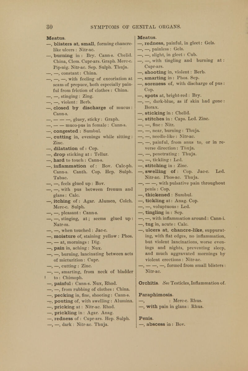 Meatus. —, blisters at, small, forming chancre- like ulcers : Nitr-ac. —, burning in : Bry. Cann-s. Chelid. China, Clem. Cupr-ars. Graph. Merc-c. Pip-nig. Nitr-ac. Sep. Sulph. Thuja. —, —, constant: China. —, —, —, with feeling of excoriation at seam of prepuce, both especially pain- ful from friction of clothes : China. —, stinging : Zing. —, violent: Berb. closed by discharge of mucus: Cann-s. , gluey, sticky : Graph. muco-pus in female : Cann-s. congested : Sumbul. cutting in, evenings while sitting : Zinc. dilatation of : Cop. drop sticking at: Tellur. hard to touch : Cann-s. inflammation of: Bo v. Calc-ph. Cann-s. Canth. Cop. Hep. Sulph. Tabac. —, —, feels glued up : Bov. —, with pus between frenum and glans: Calc. itching of : Agar. Alumen, Colch. Merc-c. Sulph. —, pleasant: Cann-s. —, stinging, at; seems glued up : Natr-m. —, when touched : Jac-c. moisture of, staining yellow : Phos. — at, mornings : Dig. pain in, aching : Nux. —, burning, lancinating between acts of micturition: Cupr. —, cutting : Zinc. —, smarting, from neck of bladder to : Chimoph. painful: Cann-s. Nux, Rhod. —, from rubbing of clothes : China, pecking in, fine, shooting: Cann-s. pouting of, with swelling : Alumina, pricking at : Nitr-ac. Rhod. prickling in : Agar. Anag. redness of : Cupr-ars. Hep. Sulph. —, dark : Nitr-ac. Thuja. Meatus. redness, painful, in gleet: Gels. —, painless : Gels. —, slight, in gleet: Cub. —, with tingling and burning at : Cupr-ars. shooting in, violent: Berb. smarting in : Phos. Sep. soreness of, with discharge of pus : Cop. spots at, bright-red : Bry. —, dark-blue, as if skin had gone: Borax. sticking in : Chelid. stitches in : Caps. Led. Zinc. —, fine : Nitr. —, near, burning : Thuja. —, needle-like : Nitr-ac. —, painful, from anus to, or in re- verse direction: Thuja. —, penetrating : Thuja. —, tickling : Led. stitching in : Zinc, swelling of : Cop. Jac-c. Led. Nitr-ac. Phos-ac. Thuja. , with pulsative pain throughout penis : Cop. thickened : Sumbul. tickling at: Anag. Cop. —, voluptuous: Led. tingling in : Sep. —, with inflammation around: Cann-i. tug in, acute : Calc. ulcers at, chancre-like, suppurat- ing, with flat edges, no inflammation, but violent lancinations, worse even- ings and nights, preventing sleep, and much aggravated mornings by violent erections : Nitr-ac. —, , —, formed from small blisters : Nitr-ac. Orchitis. See Testicles,Inflammation of. Paraphimosis. —, : Merc-c. Rhus. —, with pain in glans : Rhus. Penis. —, abscess in : Bov.