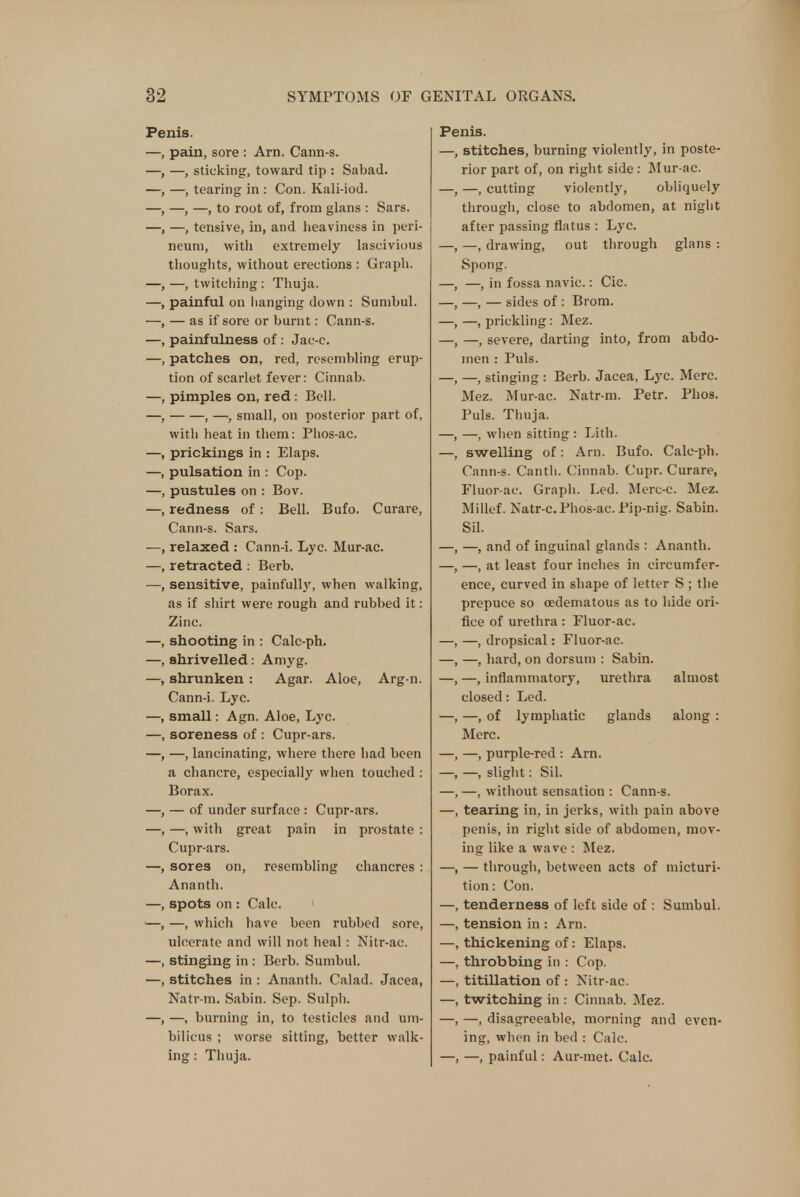 Penis. pain, sore : Am. Cann-s. —, sticking, toward tip : Sabad. —, tearing in : Con. Kali-iod. —, —, to root of, from glans : Sars. —, tensive, in, and heaviness in peri- neum, with extremely lascivious thoughts, without erections : Graph. -, twitching: Thuja, painful on hanging down : Sumbul. — as if sore or burnt: Cann-s. painfulness of: Jac-e. patches on, red, resembling erup- tion of scarlet fever: Cinnab. pimples on, red: Bell. , —, small, on posterior part of, with heat in them: Phos-ac. prickings in : Elaps. pulsation in : Cop. pustules on : Bov. redness of : Bell. Bufo. Curare, Cann-s. Sars. relaxed : Cann-i. Lyc. Mur-ac. retracted : Berb. sensitive, painfully, when walking, as if shirt were rough and rubbed it: Zinc. shooting in : Calc-ph. shrivelled: Amyg. shrunken : Agar. Aloe, Arg-n. Cann-i. Lyc. small: Agn. Aloe, Lyc. soreness of : Cupr-ars. —, lancinating, where there had been a chancre, especially when touched : Borax. — of under surface : Cupr-ars. —, with great pain in prostate : Cupr-ars. sores on, resembling chancres : Ananth. spots on : Calc. 1 —, which have been rubbed sore, ulcerate and will not heal: Nitr-ac. stinging in : Berb. Sumbul. stitches in : Ananth. Calad. Jacea, Natr-m. Sabin. Sep. Sulph. , —, burning in, to testicles and um- bilicus ; worse sitting, better walk- ing : Thuja. Penis. —, stitches, burning violently, in poste- rior part of, on right side : Mur-ac. —, —, cutting violently, obliquely through, close to abdomen, at night after passing flatus : Lyc. —, —, drawing, out through glans : Spong. —, —, in fossa navic.: Cic. —, —, — sides of : Brom. —, —, prickling: Mez. —, —, severe, darting into, from abdo- men : Puis. —, —, stinging : Berb. Jacea, Lyc. Merc. Mez. Mur-ac. Natr-m. Petr. Phos. Puis. Thuja. —, —, when sitting : Lith. —, swelling of: Arn. Bufo. Calc-ph. Cann-s. Cantli. Cinnab. Cupr. Curare, Fluor-ac. Graph. Led. Merc-c. Mez. Millef. Natr-c.Phos-ac. Pip-nig. Sabin. Sil. —, —, and of inguinal glands : Ananth. —, —, at least four inches in circumfer- ence, curved in shape of letter S ; the prepuce so oedematous as to hide ori- fice of urethra: Fluor-ac. —, —, dropsical: Fluor-ac. —, —, hard, on dorsum : Sabin. —, —, inflammatory, urethra almost closed: Led. —, —, of lymphatic glands along : Merc. —, —, purple-red : Arn. —, —, slight: Sil. —, —, without sensation : Cann-s. —, tearing in, in jerks, with pain above penis, in right side of abdomen, mov- ing like a wave : Mez. —, — through, between acts of micturi- tion : Con. —, tenderness of left side of : Sumbul. —, tension in : Arn. —, thickening of: Elaps. —, throbbing in : Cop. —, titillation of : Nitr-ac. —, twitching in : Cinnab. Mez. —, —, disagreeable, morning and even- ing, when in bed : Calc. —, —, painful: Aur-met. Calc.