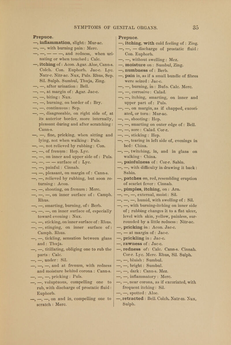 Prepuce. —, inflammation, slight: Mur-ac. —, —, with burning pain: Merc. —, —, , and redness, when uri- nating or when touched ; Calc. —, itching of: Aeon. Agar. Aloe, Cann-s. Colch. Con. Euphorb. Jac-c. Lyc. Natr-c. Nitr-ac. Nux, Puis. Rhus, Sep. Sil. Sulph. Sumbul, Thuja, Zing. —, after urination : Bell. —, at margin of: Agar. Jac-c. —, biting : Nux. —, burning, on border of : Bry. —, continuous : Sep. —, disagreeable, on right side of, at its anterior border, more internally, pleasant during and after scratching : Cann-s. —, fine, pricking, when sitting and lying, not when walking: Puis. —, not relieved by rubbing : Con. —, of f renum : Hep. Lyc. —, on inner and upper side of: Puis. —, surface of : Lyc. —, painful: Cinnab. —, pleasant, on margin of: Cann-s. —, relieved by rubbing, but soon re- turning : Aeon. —, shooting, on frenum : Merc. —, —, on inner surface of: Camph. Rhus. —, smarting, burning, of: Berb. —, —, on inner surface of, especially toward evening: Nux. —, sticking, on inner surface of: Iihus. —, stinging, on inner surface of: Camph. Rhus. —, tickling, sensation between glans and : Thuja. —, titillating, obliging one to rub the parts : Calc. —, under: Sil. —, —, and at frenum, with redness and moisture behind corona : Cann-s. —, —, pricking : Puis. —, voluptuous, compelling one to rub, with discharge of prostatic fluid : Euphorb. —, —, —, on and in, compelling one to scratch : Merc. Prepuce. —, itching, with cold feeling of : Zing. —, — discharge of prostatic fluid : Con. Euphorb. —, without swelling : Mez. moisture on : Sumbul, Zing, numbness of: Berb. pain in, as if a small bundle of fibres were seized : Jac-c. —, burning, in : Bufo. Calc. Merc. —, corrosive: Calad. —, itching, smarting, on inner and upper part of: Puis. —, on margin, as if chapped, excori- ated, or torn: Mur-ac. —, shooting: Hep. —, smarting on outer edge of: Bell. —, sore : Calad. Cor-r. —, sticking : Hep. —, tearing in left side of, evenings in bed: China. —, twitching, in, and in glans on walking: China, painfulness of : Cor-r. Sabin. —, with difficulty in drawing it back : Sabin. patches on, red, resembling eruption of scarlet fever : Cinnab. pimples, itching, on : Arn. —, —, external, moist: Sil. —, —, humid, with swelling of : Sil. —, witli burning-itching on inner side of; rubbing changes it to a flat ulcer, level with skin, yellow, painless, sur- rounded by a little redness : Nitr-ac. —, pricking in : Aeon. Jac-c. — at margin of: Jac-c. prickling in : Jac-c. rawness of: Jac-c. redness of: Calc. Cann-s. Cinnab. Cor-r. Lyc. Merc. Rhus, Sil. Sulph. —, bluisli: Sumbul. —, bright: Sumbul. —, dark : Cann-s. Mez. —, inflammatory : Merc. —, near corona, as if excoriated, with frequent itching: Sil. —, spotted : Aloe. retracted : Bell. Colch. Natr-m. Nux, Sulph.