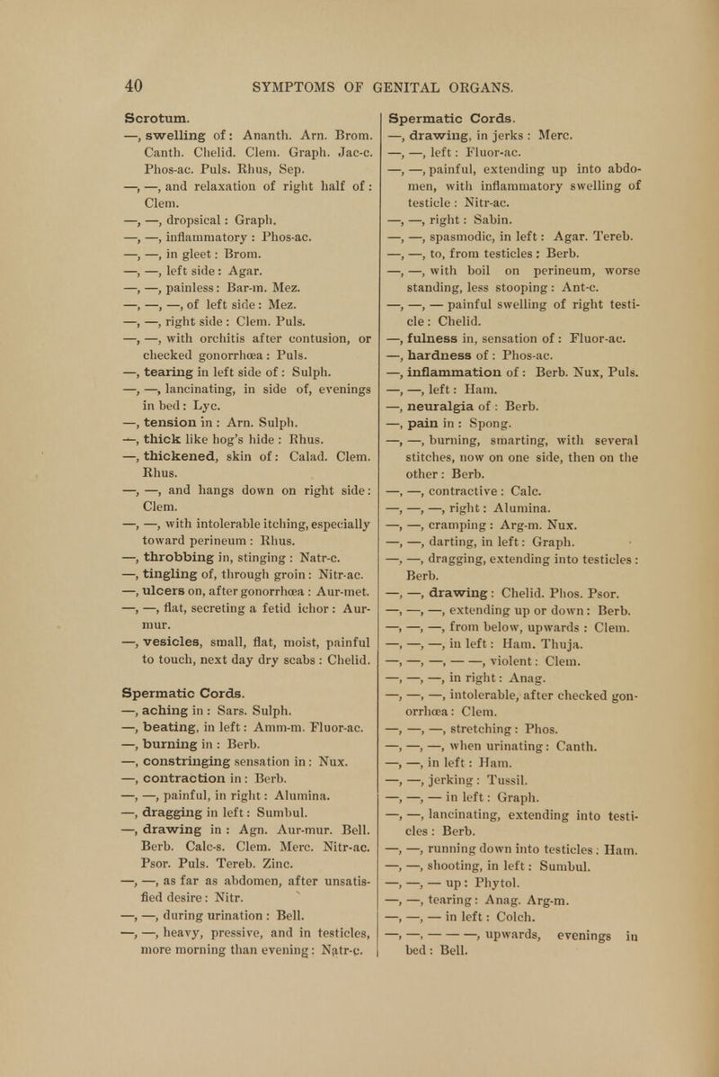 Scrotum. —, swelling of: Ananth. Arn. Brom. Canth. Chelid. Clem. Graph. Jac-c. Phos-ac. Puis. Rhus, Sep. —, —, and relaxation of right half of : Clem. —, —, dropsical: Graph. —, —, inflammatory : Phos-ac. —, —, in gleet: Brom. —, —, left side : Agar. —, —, painless: Bar-m. Mez. —, —, —, of left side : Mez. —, —, right side : Clem. Puis. —, —, with orchitis after contusion, or checked gonorrhoea: Puis. —, tearing in left side of : Sulph. —, —, lancinating, in side of, evenings in bed: Lyc. —, tension in : Arn. Sulpli. —, thick like hog's hide : Rhus. —, thickened, skin of : Calad. Clem. Rhus. —, —, and hangs down on right side: Clem. —, —, with intolerable itching, especially toward perineum: Rhus. —, throbbing in, stinging : Natr-c. —, tingling of, through groin: Nitr-ac. —, ulcers on, after gonorrhoea : Aur-met. —, —, flat, secreting a fetid ichor : Aur- mur. —, vesicles, small, flat, moist, painful to touch, next day dry scabs : Chelid. Spermatic Cords. —, aching in : Sars. Sulph. —, beating, in left: Amm-m. Fluor-ac. —, burning in : Berb. —, constringing sensation in : Nux. —, contraction in : Berb. —, —, painful, in right: Alumina. —, dragging in left: Sumbul. —, drawing in : Agn. Aur-mur. Bell. Berb. Calc-s. Clem. Merc. Nitr-ac. Psor. Puis. Tereb. Zinc. —, —, as far as abdomen, after unsatis- fied desire: Nitr. —, —, during urination : Bell. —, —, heavy, pressive, and in testicles, more morning than evening: Natr-c. Spermatic Cords. —, drawing, in jerks : Merc. —, —, left: Fluor-ac. —, —, painful, extending up into abdo- men, with inflammatory swelling of testicle : Nitr-ac. —, —, right: Sabin. —, —, spasmodic, in left: Agar. Tereb. —, —, to, from testicles : Berb. —, —, with boil on perineum, worse standing, less stooping : Ant-c. —, —, — painful swelling of right testi- cle : Chelid. —, fulness in, sensation of : Fluor-ac. —, hardness of : Phos-ac. —, inflammation of : Berb. Nux, Puis. —, —, left: Ham. —, neuralgia of : Berb. —, pain in : Spong. —, —, burning, smarting, with several stitches, now on one side, then on the other: Berb. —, —, contractive : Calc. —, —, —, right: Alumina. —, —, cramping : Arg-m. Nux. —, —, darting, in left: Graph. —, —, dragging, extending into testicles : Berb. —, —, drawing : Chelid. Phos. Psor. —, —, —, extending up or down : Berb. —, —, —, from below, upwards : Clem. —, —, —, in left: Ham. Thuja. —, —, —, , violent: Clem. —, —, —, in right: Anag. —, —, —, intolerable, after checked gon- orrhoea : Clem. —, —, —, stretching : Phos. —, —, —, when urinating: Canth. —, —, in left: Ham. —, —, jerking : Tussil. —, —, — in left: Graph. —, —, lancinating, extending into testi- cles : Berb. —, —, running down into testicles ; Ham. —, —, shooting, in left: Sumbul. —, —, — up: Phytol. —, —, tearing: Anag. Arg-m. —, —, — in left: Colch. —, —. , upwards, evenings in bed: Bell.