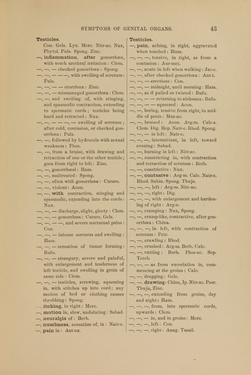 Testicles. Con. Gels. Lyc. Merc. Nitr-ac. Nux, Phytol. Puis. Spong. Zinc. —, inflammation, after gonorrhoea, with much urethral irritation : Clem. —, —, — checked gonorrhoea : Spong. —, —, , with swelling of scrotum: Puis. —, —, otorrhoea : Zinc. —, —, — mismanaged gonorrhoea : Clem. —, —, and swelling of, with stinging, and spasmodic contraction, extending to spermatic cords; testicles being hard and retracted : Nux. —, —, , — swelling of scrotum ; after cold, contusion, or checked gon- orrhoea : Puis. —, —, followed by hydrocele with sexual weakness : Phos. —, —, from a bruise, with drawing and retraction of one or the other testicle; goes from right to left: Zinc. —, —, gonorrhoea!: Ham. —, —, maltreated: Spong. —, —, often with gonorrhoea : Curare. —, —, violent: Aeon. —, —, with contraction, stinging and spasmodic, extending into the cords : Nux. —, —, — discharge, slight, gleety : Clem. —, —, — gonorrhoea : Curare, Gels. —, —, , and severe nocturnal pains : Con. —, —, — intense soreness and swelling : Ham. —, —, — sensation of tumor forming : Bufo. —, —, — strangury, severe and painful, with enlargement and tenderness of left testicle, and swelling in groin of same side : Clem. —, —, — testicles, screwing, squeezing in, with stitches up into cord; any motion of bed or clothing causes throbbing: Spong. —, itching, in right: Merc. —, motion in, slow, undulating: Sabad. —, neuralgia of : Berb. —, numbness, sensation of, in : Natr-c. —, pain in : Ant-ox. Testicles. —, pain, aching, in right, aggravated when touched: Bism. —, —, tensive, in right, as from a contusion : Aur-met. —, acute in left when walking: Jac-c. —, after checked gonorrhoea : Ant-t. —, — erections : Con. —, — midnight, until morning: Ham. —, as if pulled or twisted : Bufo. —, returning to abdomen: Bufo. —, squeezed : Aeon. —, boring, tensive from right, to mid- dle of penis : Mur-ac. —, bruised : Aeon. Arg-m. Calc-s. Clem. Dig. Hep. Natr-c. Khod. Spong. —, — in left: Natr-c. —, —, intermittent, in left, toward evening: Sabad. —, burning in left: Nitr-ac. —, constricting in, with contraction and retraction of scrotum : Berb. —, constrictive: Nux. —, contusive : Arg-m. Calc. Natr-c. Rhod. Sabin. Spong. Thuja. —, —, left: Arg-m. Nitr-ac. —, —, right: Dig. —, —, with enlargement and harden- ing of right: Arg-n. —, cramping : Nux, Spong. —, cramp-like, contractive, after gon- orrhoea : China. —, —, in left, with contraction of scrotum : Petr. —, crawling : Rhod. —, crushed : Arg-m. Berb. Calc. —, cutting : Berb. Phos-ac. Sep. Tereb. —, — as from excoriation in, com- mencing at the groins : Calc. —, dragging: Gels. —, drawing: China, Ip. Nitr-ac. Psor. Thuja, Zinc. —, —, extending from groins, day and night: Ham. —, —, from, into spermatic cords, upwards: Clem. —, — in, and in groins: Merc. —, —, left: Con. —, —. right: Anag. Tussil.