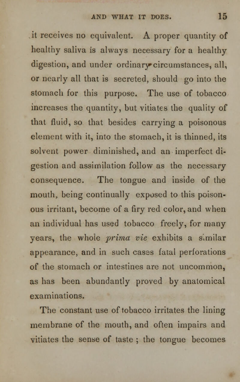 it receives no equivalent. A proper quantity of healthy saliva is always necessary for a healthy digestion, and under ordinary circumstances, all, or nearly all that is secreted, should go into the stomach for this purpose. The use of tobacco increases the quantity, but vitiates the quality of that fluid, so that besides carrying a poisonous element with it, into the stomach, it is thinned, its solvent power diminished, and an imperfect di- gestion and assimilation follow as the necessary consequence. The tongue and inside of the mouth, being continually exposed to this poison- ous irritant, become of a firy red color, and when an individual has used tobacco freely, for many years, the whole prima vie exhibits a s'.milar appearance, and in such cases fatal perforations of the stomach or intestines are not uncommon, as has been abundantly proved by anatomical examinations. The constant use of tobacco irritates the lining membrane of the mouth, and often impairs and vitiates the sense of taste ; the tongue becomes