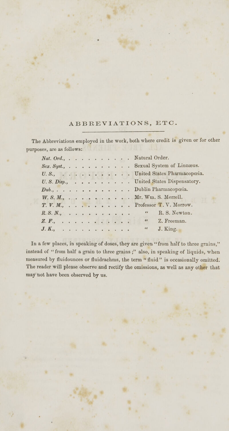 ABBREVIATIONS, ETC. The Abbreviations employed in the work, both where credit is given or for other purposes, are as follows: Nat. Ord., Natural Order. Sex. Syst., Sexual System of Linnseus. U. S., United States Pharmacopoeia. U. S. Disp., United States Dispensatory. Dub., Dublin Pharmacopoeia. W. S. M., Mr. Wm. S. Merrell. T.V.M., Professor T.Y. Morrow. R.S.N.,  R. S. Newton. Z.F.,  Z. Freeman. JR., « J.King. In a few places, in speaking of doses, they are given from half to three grains, instead of  from half a grain to three grains ; also, in speaking of liquids, when measured by fiuidounces or fluidrachms, the term fluid is occasionally omitted. The reader will please observe and rectify the omissions, as well as any other that may not have been observed by us.