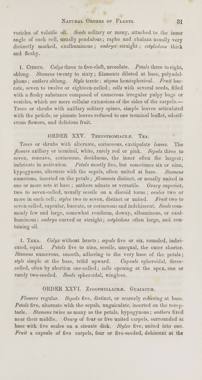 vesicles of volatile oil. Seeds solitary or many, attached to the inner angle of each cell, usually pendulous; raphe and chalaza usually very distinctly marked, exalbuminous ; embryo straight; cotyledons thick and fleshy. 1. Citrus. Calyx three to five-cleft, urceolate. Petals three to eight, oblong. Stamens twenty to sixty; filaments dilated at base, polyadel- phous ; anthers oblong. Style terete ; stigma hemispherical. Fruit bac- cate, seven to twelve or eighteen-celled; cells with several seeds, filled with a fleshy substance composed of numerous irregular pulpy bags or vesicles, which are mere cellular extensions of the sides of the carpels.— Trees or shrubs with axillary solitary spines, simple leaves articulated with the petiole, or pinnate leaves reduced to one terminal leaflet, odorif- erous flowers, and delicious fruit. ORDER XXV. Ternstromiace^e. Tea. Trees or shrubs with alternate, coriaceous, exstipulate leaves. The flowers axillary or terminal, white, rarely red or pink. Sepals three to seven, concave, coriaceous, deciduous, the inner often the largest; imbricate in aestivation. Petals mostly five, but sometimes six or nine, bypogynous, alternate with the sepals, often united at base. Stamens numerous, inserted on the petals ; filaments distinct, or usually united in one or more sets at base ; anthers adnate or versatile. Ovary superior, two to seven-celled, usually sessile on a discoid torus ; ovules two or more in each cell; styles two to seven, distinct or united. Fruit two to seven-celled, capsular, baccate, or coriaceous and indehiscent. Seeds com- monly few and large, somewhat reniform, downy, albuminous, or exal- buminous ; embryo curved or straight; cotyledons often large, and con- taining oil. 1. Tiiea. Calyx without bracts ; sepals five or six, rounded, imbri- cated, equal. Petals five to nine, sessile, unequal, the outer shorter. Stamens numerous, smooth, adhering to the very base of the petals; style simple at the base, trifid upward. Capsule spheroidal, three- celled, often by abortion one-celled; cells opening at the apex, one or rarely two-seeded. Seeds spheroidal, wingless. ORDER XXVI. Zygophyllace^e. Guaiacum. Floivers regular. Sepals five, distinct, or scarcely cohering at base. Petals five, alternate with the sepals, unguiculate, inserted on the recep- tacle. Stamens twice as many as the petals, hypogynous; anthers fixed near their middle. Ovary of four or five united carpels, surrounded at base with five scales on a sinuate disk. Styles five, united into one. Fruit a capsule of five carpels, four or five-seeded, dehiscent at the