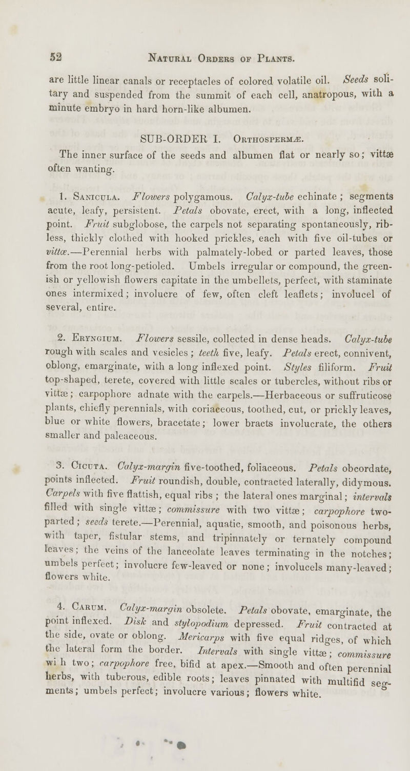 are little linear canals or receptacles of colored volatile oil. Seeds soli- tary and suspended from the summit of each cell, anatropous, with a minute embryo in hard horn-like albumen. SUB-ORDER I. Orthosperm^e. The inner surface of the seeds and albumen flat or nearly so; vittae often wanting. 1. Sanicula. Flowers polygamous. Calyx-tube echinate ; segments acute, leafy, persistent. Petals obovate, erect, with a long, inflected point. Fruit subglobose, the carpels not separating spontaneously, rib- less, thickly clothed with hooked prickles, each with five oil-tubes or vittaz.—Perennial herbs with palmately-lobed or parted leaves, those from the root long-petioled. Umbels irregular or compound, the green- ish or yellowish flowers capitate in the umbellets, perfect, with staminate ones intermixed; involucre of few, often cleft leaflets; invoked of several, entire. 2. Eryngium. Flowers sessile, collected in dense heads. Calyx-tube rough with scales and vesicles ; teeth five, leafy. Petals erect, connivent, oblong, emarginate, with a long inflexed point. Styles filiform. Fruit top-shaped, terete, covered with little scales or tubercles, without ribs or vittsa; carpophore adnate with the carpels.—Herbaceous or suffruticose plants, chiefly perennials, with coriaceous, toothed, cut, or prickly leaves, blue or white flowers, bracetate; lower bracts involucrate, the others smaller and paleaceous. 3. Cicota. Calyx-margin five-toothed, foliaceous. Petals obcordate, points inflected. Fruit roundish, double, contracted laterally, didymous. Carpels with five flattish, equal ribs ; the lateral ones marginal; intervals filled with single vittae; commissure with two vittae; carpophore two- parted ; seeds terete.—Perennial, aquatic, smooth, and poisonous herbs, with taper, fistular stems, and tripinnately or ternately compound leaves; the veins of the lanceolate leaves terminating in the notches; umbels perfect; involucre few-leaved or none; involucels many-leaved; flowers white. 4. Carum. Calyx-margin obsolete. Petals obovate, emarginate, the point inflexed. Disk and stylo-podium depressed. Fruit contracted at the side, ovate or oblong. Mcricarps with five equal ridges, of which the lateral form the border. Intervals with single vittae; commissure wi h two; carpophore free, bifid at apex.—Smooth and often perennial herbs, with tuberous, edible roots; leaves pinnated with multifid seg- ments ; umbels perfect; involucre various; flowers white.